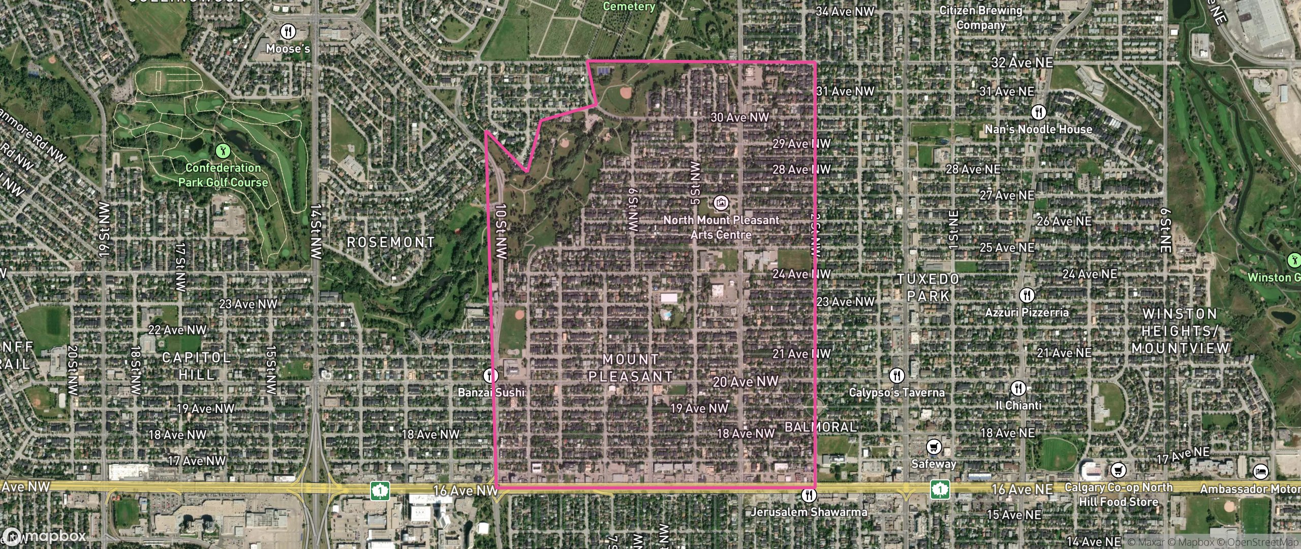 Map of Mount Pleasant, Calgary showing the community boundary