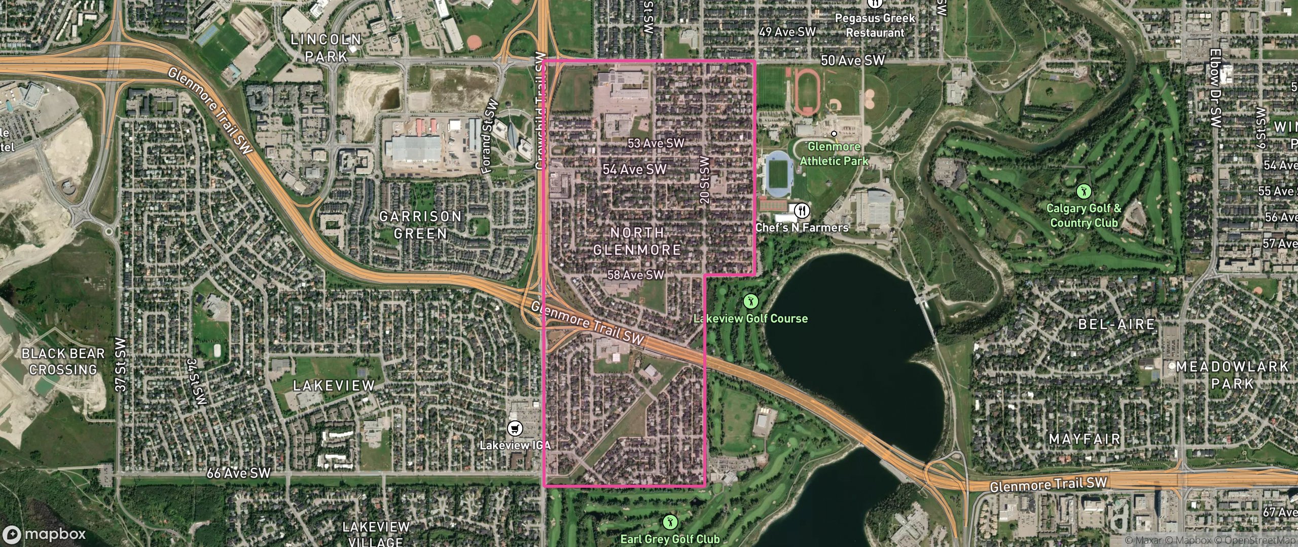 Map of North Glenmore Park, Calgary showing the community boundary
