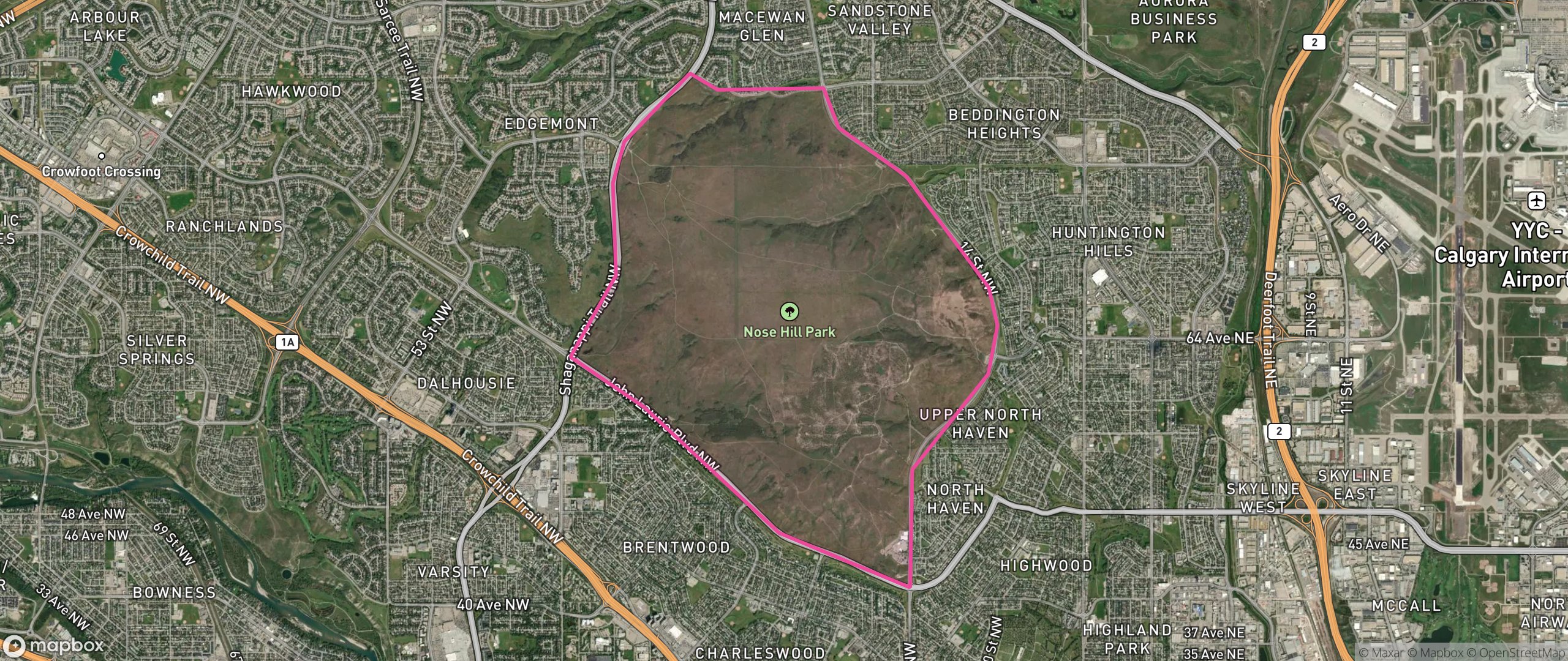 Map of Nose Hill Park, Calgary showing the community boundary