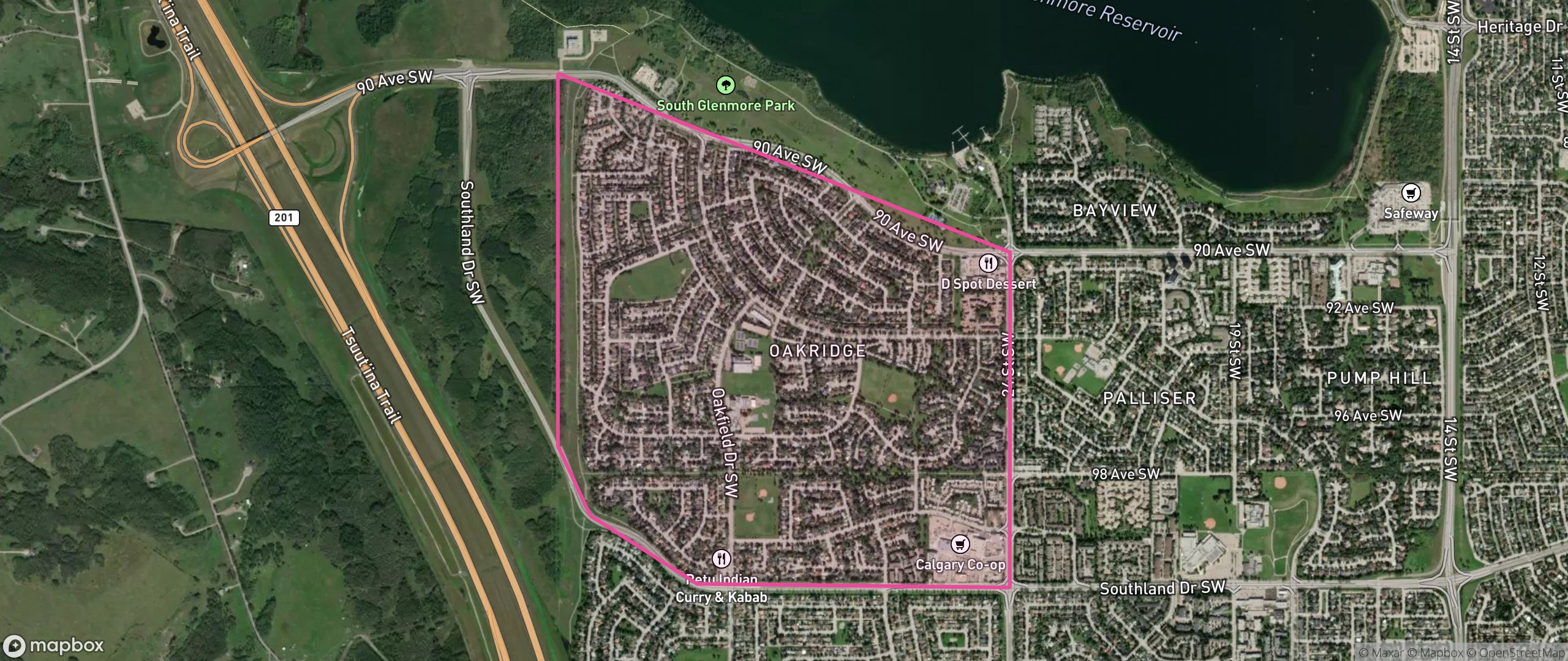 Map of Oakridge, Calgary showing the community boundary