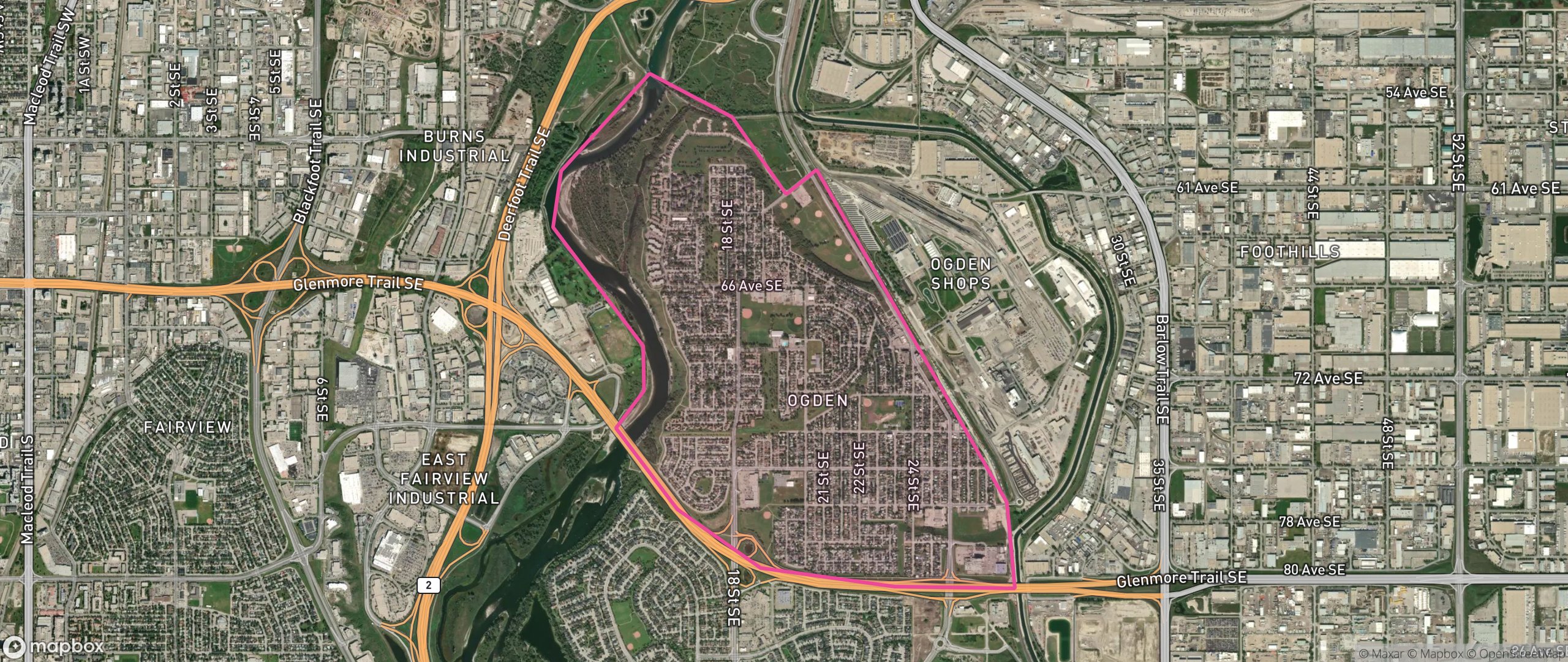 Map of Ogden, Calgary showing the community boundary