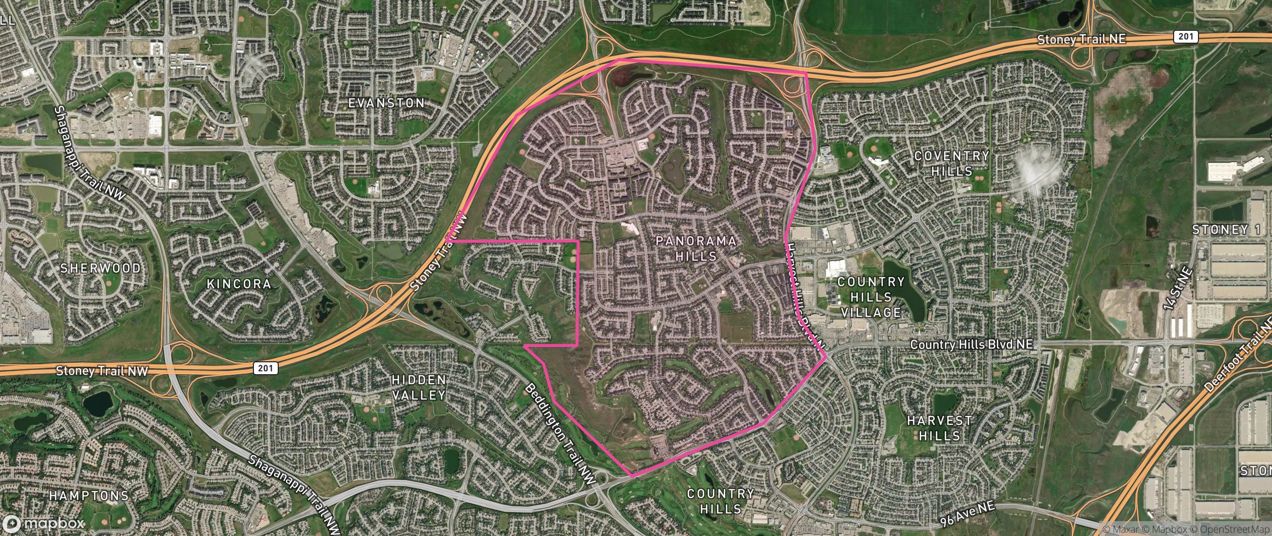 Map of Panorama Hills, Calgary showing the community boundary