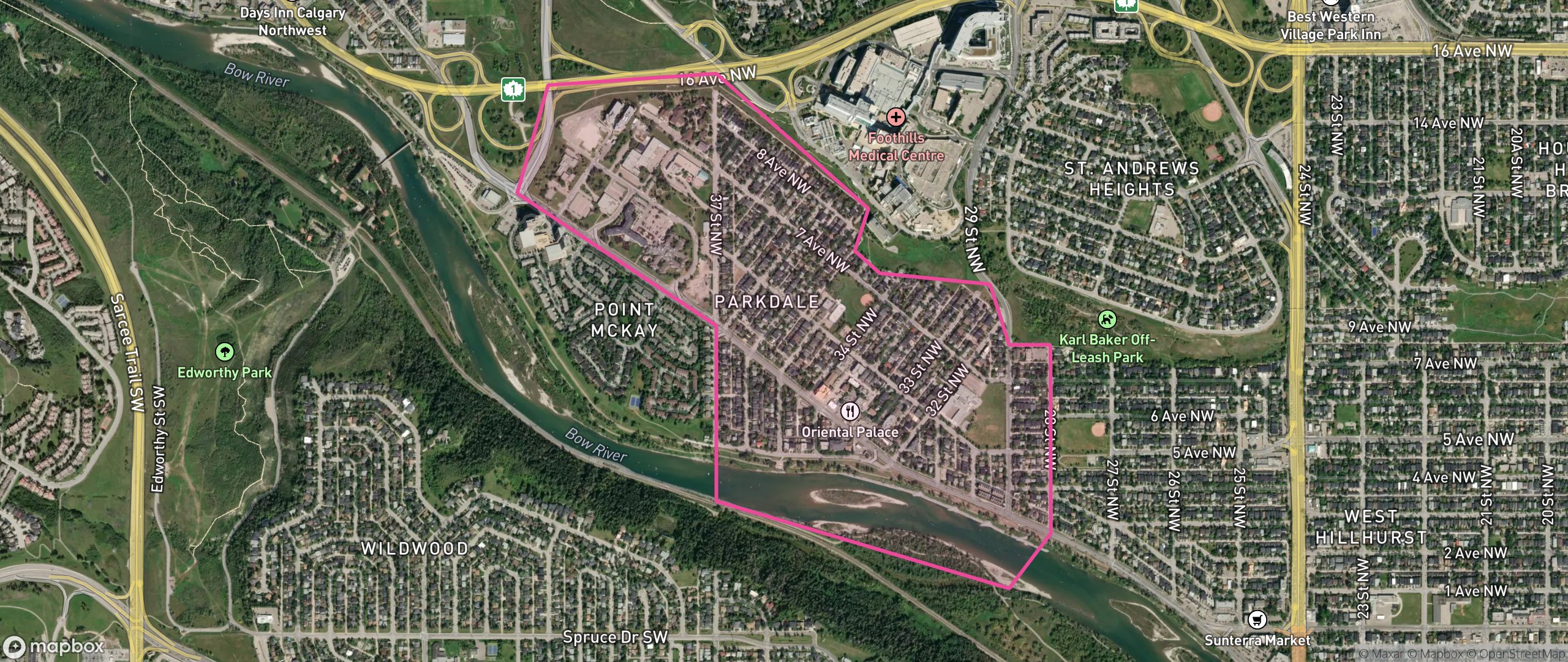 Map of Parkdale, Calgary showing the community boundary