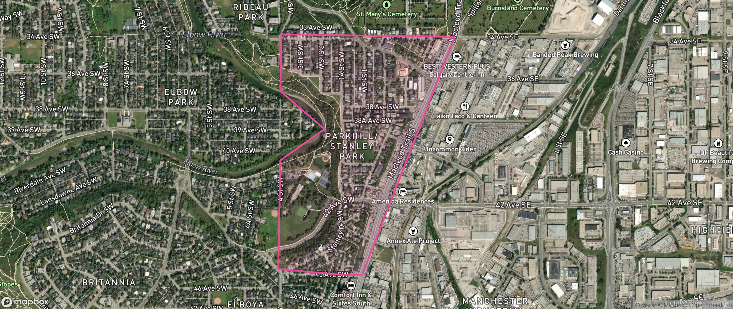 Map of Parkhill, Calgary showing the community boundary