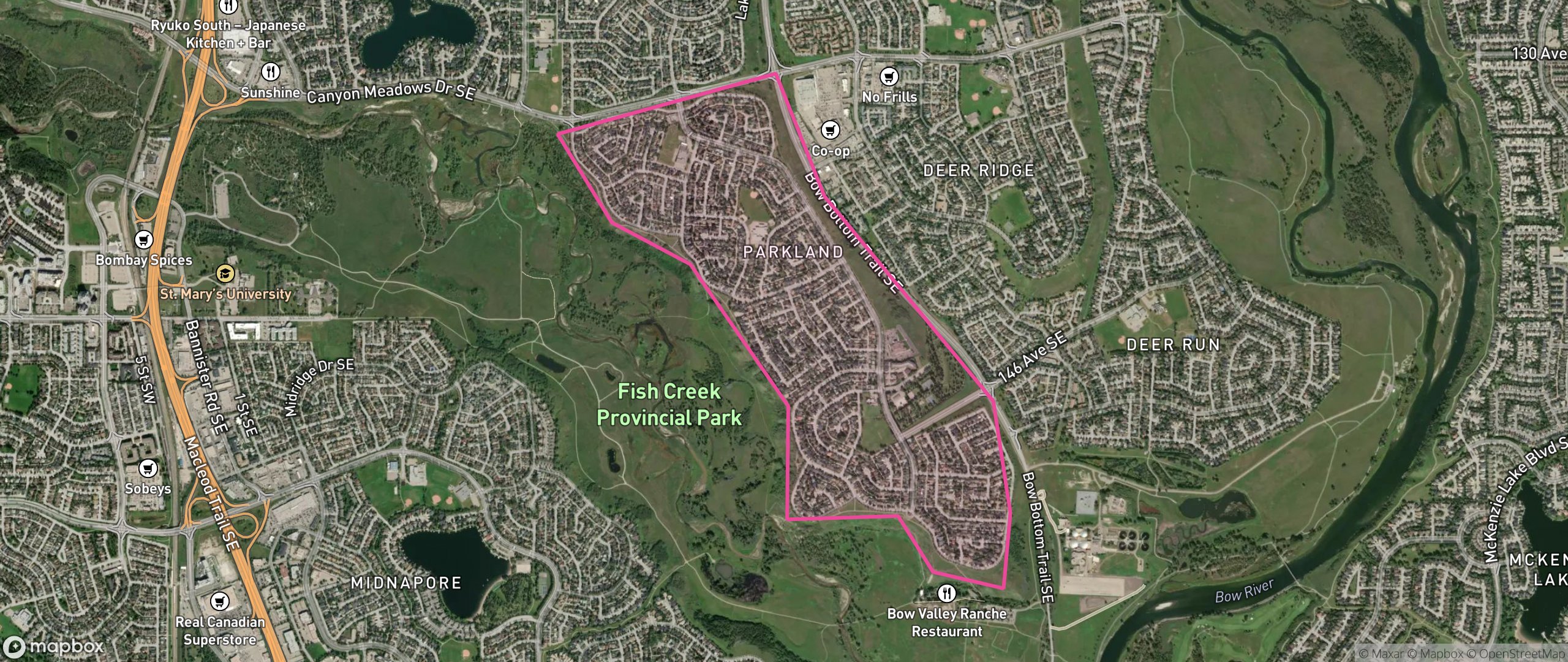 Map of Parkland, Calgary showing the community boundary
