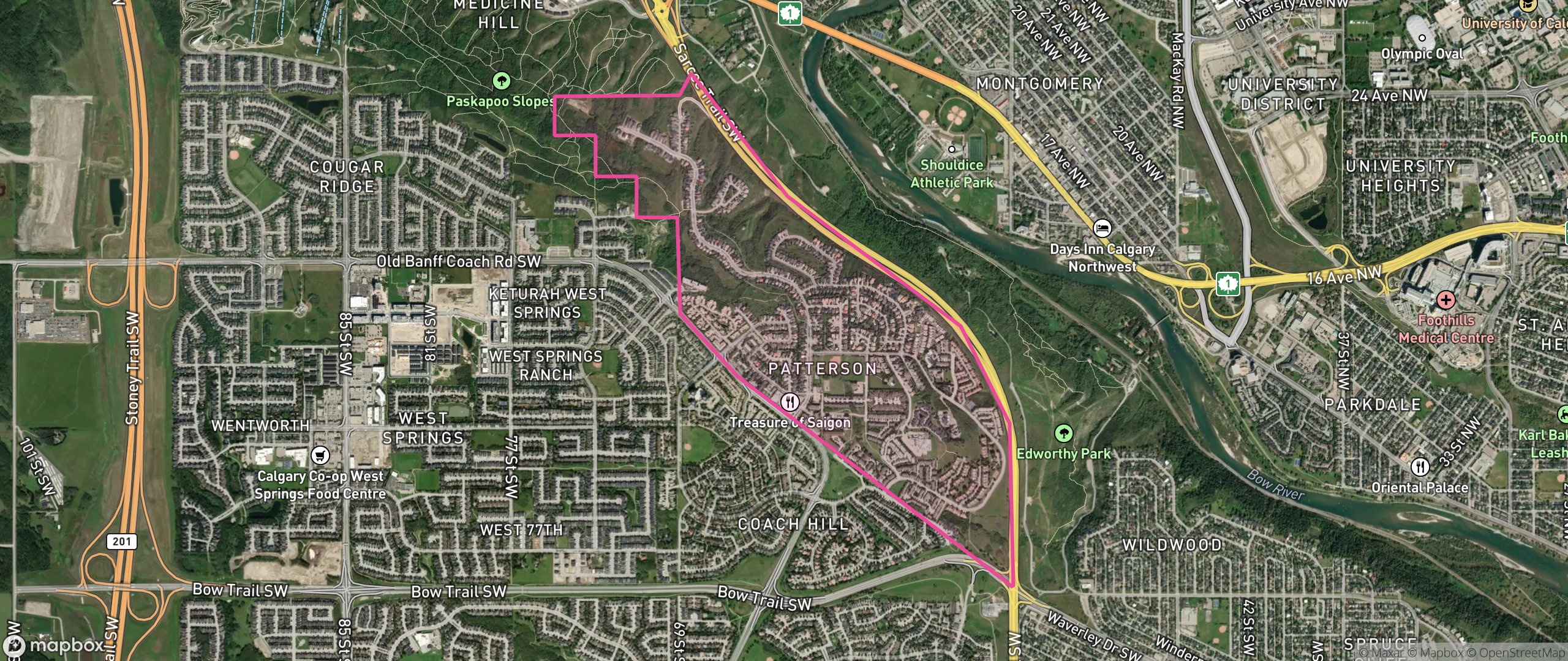 Map of Patterson, Calgary showing the community boundary