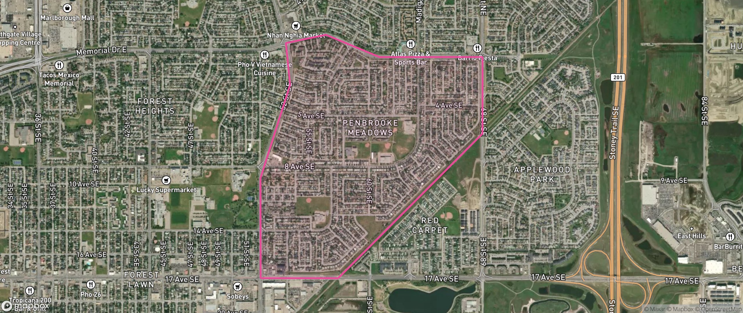 Map of Penbrooke Meadows, Calgary showing the community boundary