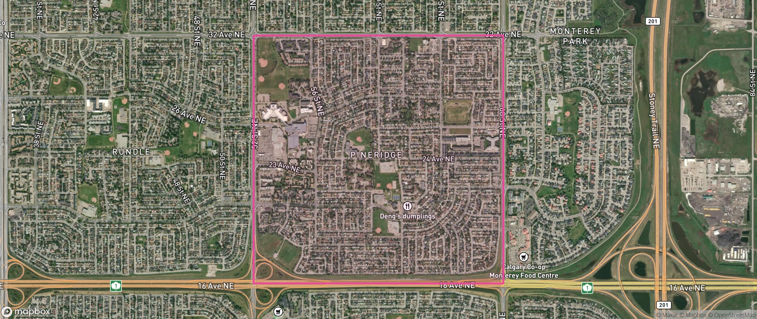 Map of Pineridge, Calgary showing the community boundary