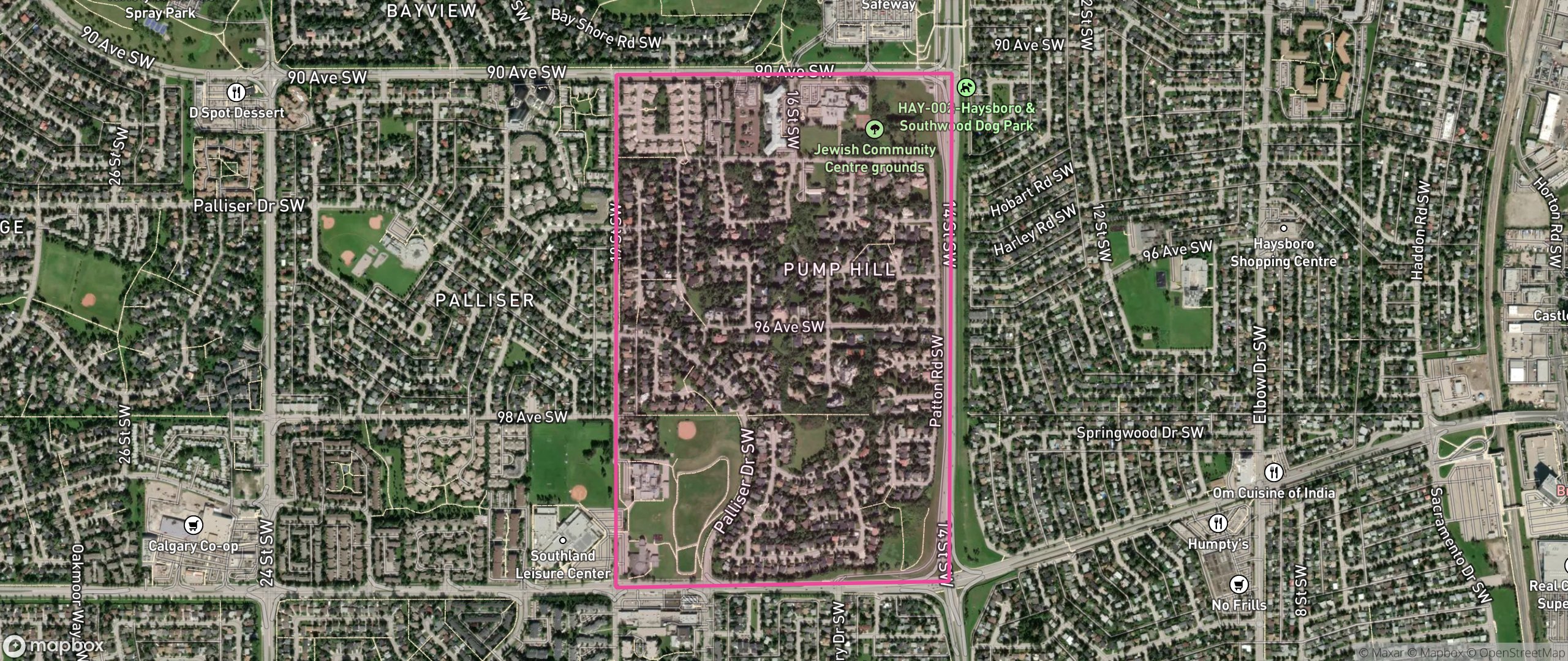 Map of Pump Hill, Calgary showing the community boundary