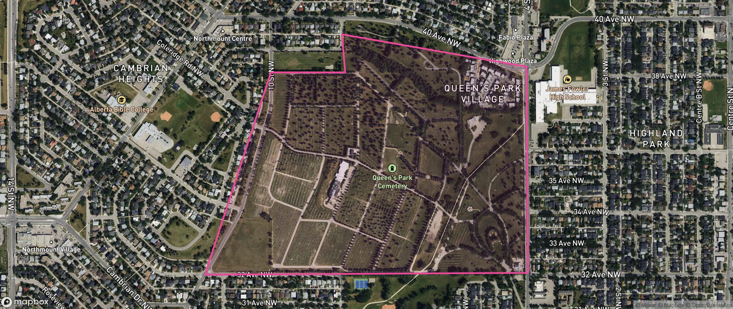 Map of Queens Park Village, Calgary showing the community boundary
