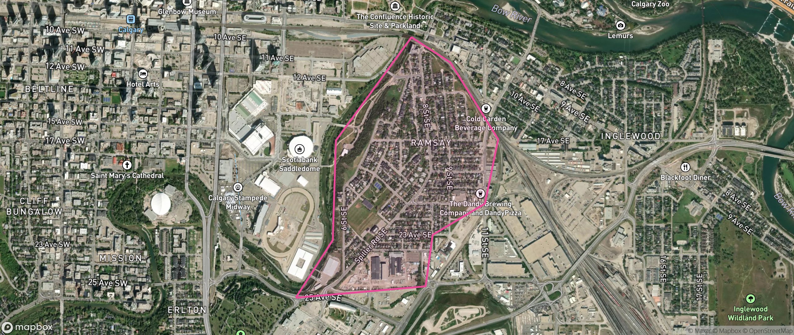 Map of Ramsay, Calgary showing the community boundary