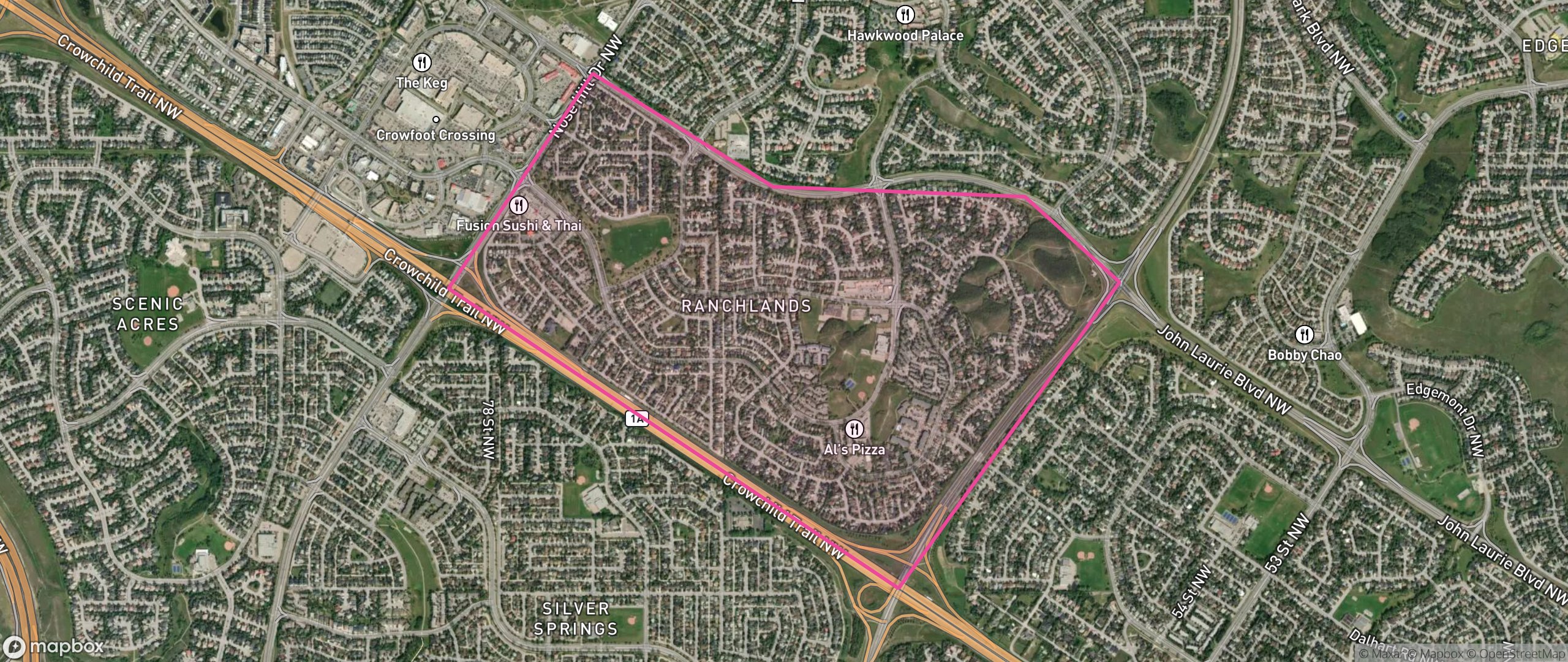 Map of Ranchlands, Calgary showing the community boundary