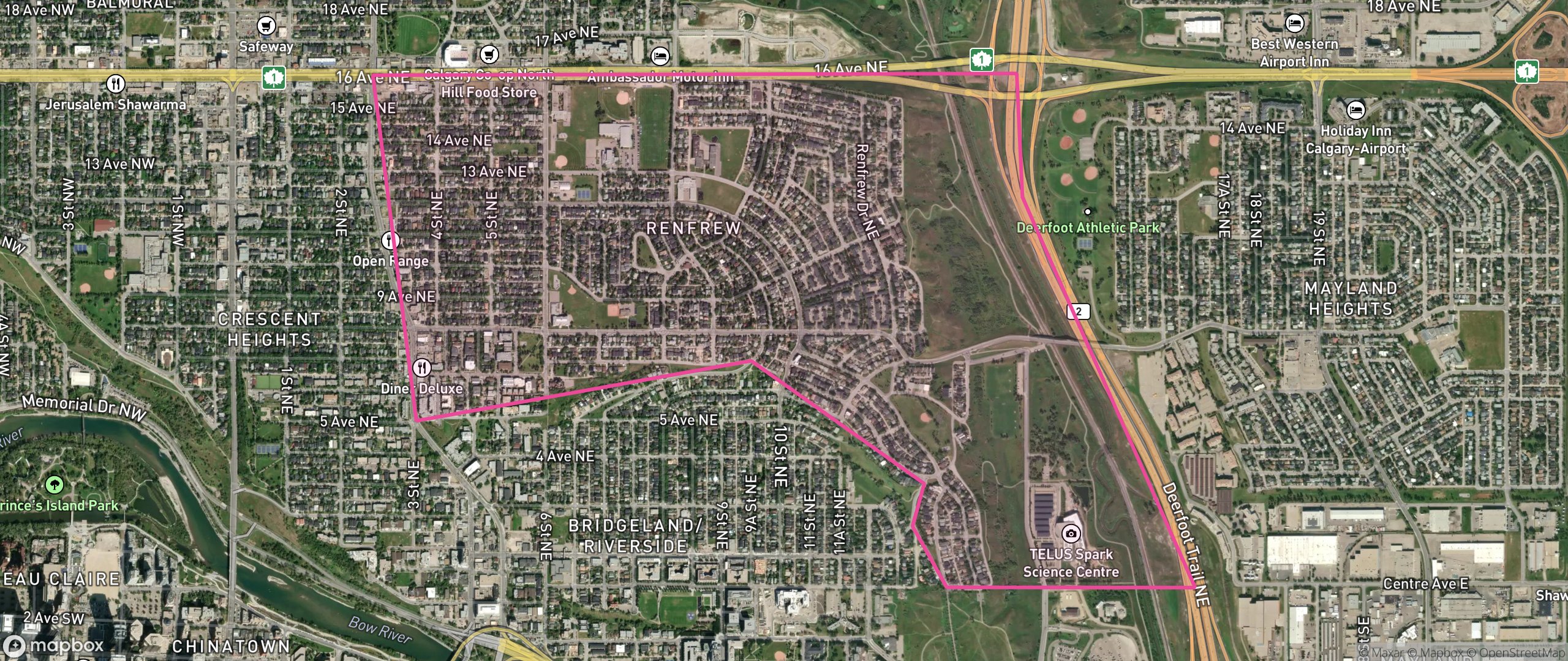Map of Renfrew, Calgary showing the community boundary