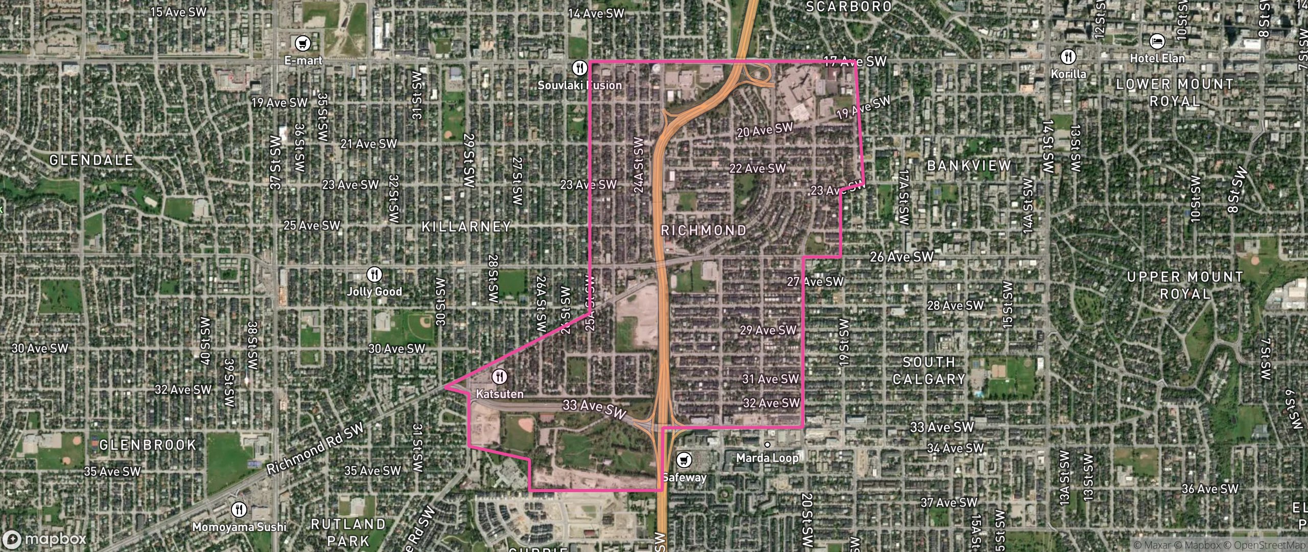 Map of Richmond, Calgary showing the community boundary