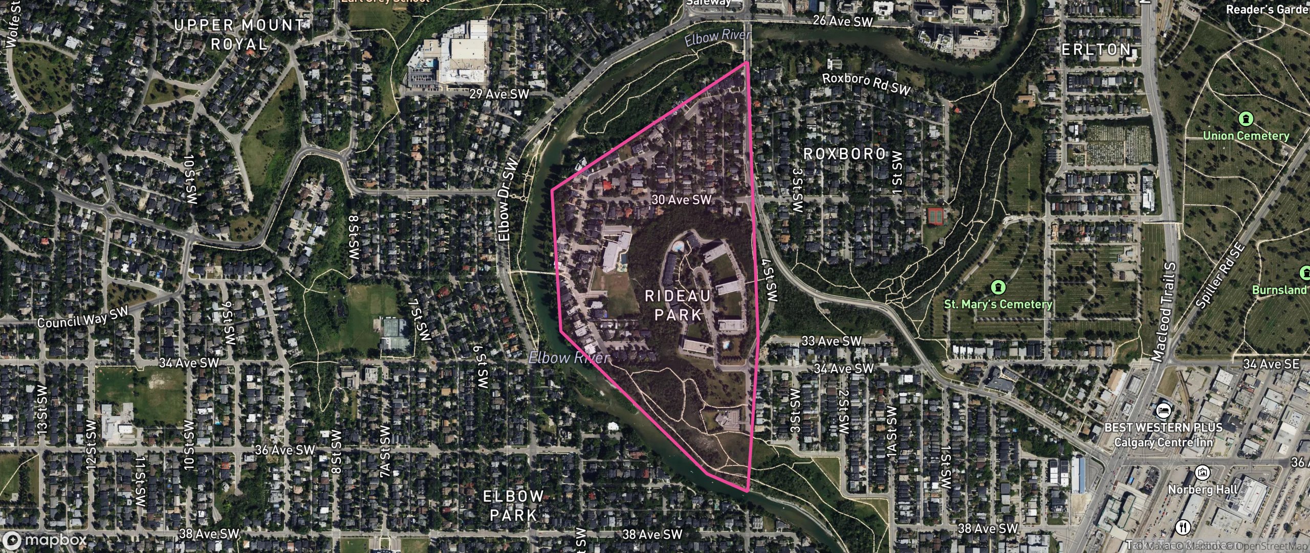 Map of Rideau Park, Calgary showing the community boundary