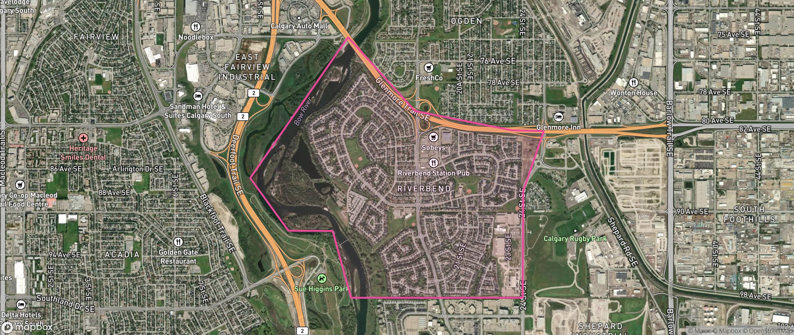Map of Riverbend, Calgary showing the community boundary