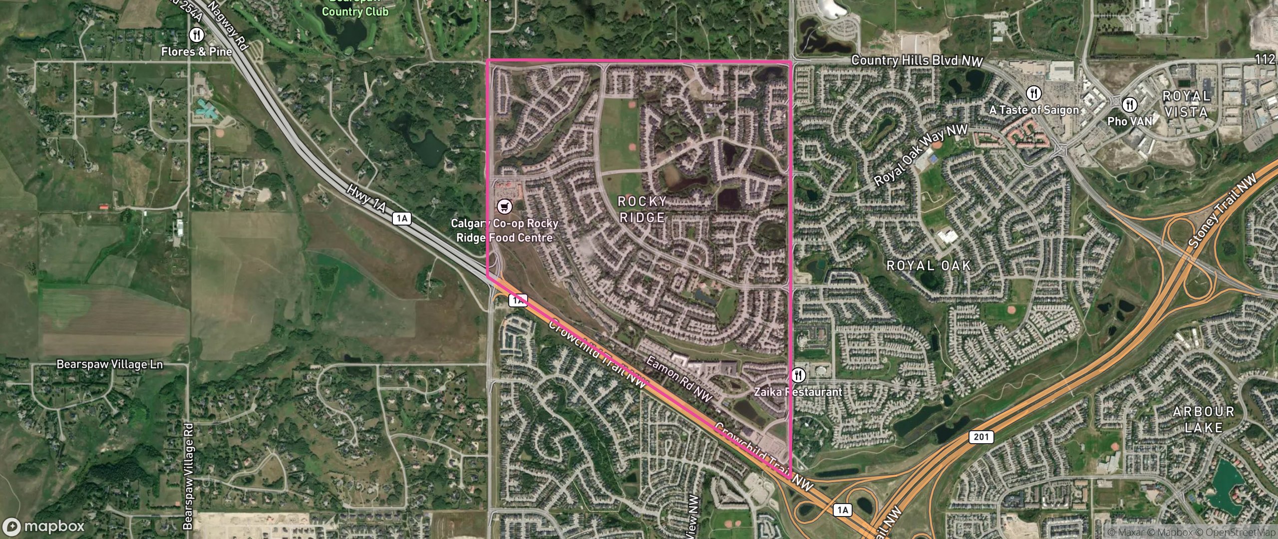 Map of Rocky Ridge, Calgary showing the community boundary