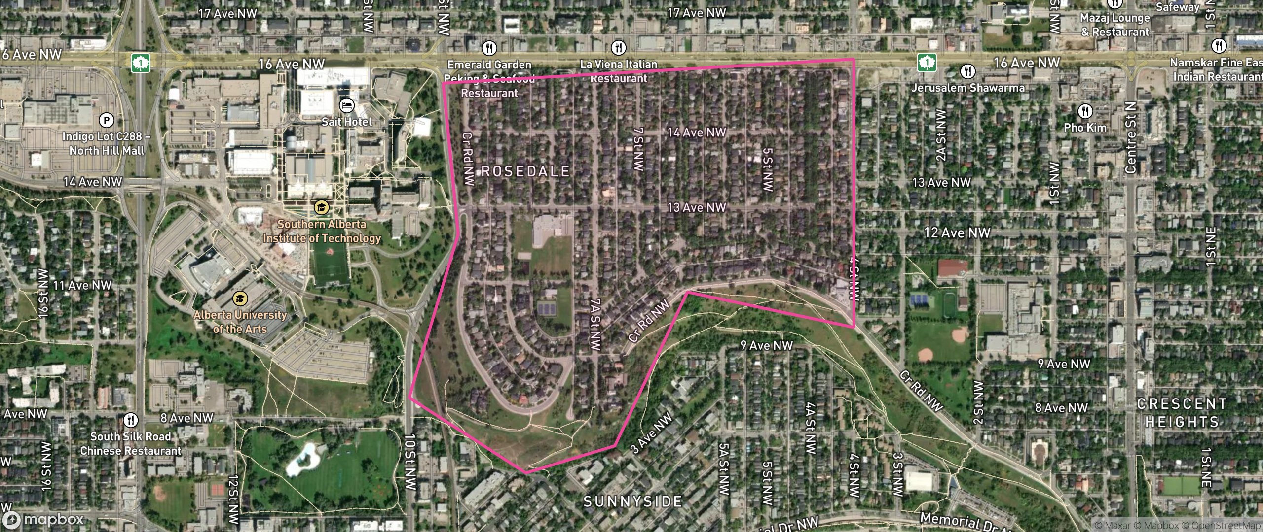Map of Rosedale, Calgary showing the community boundary