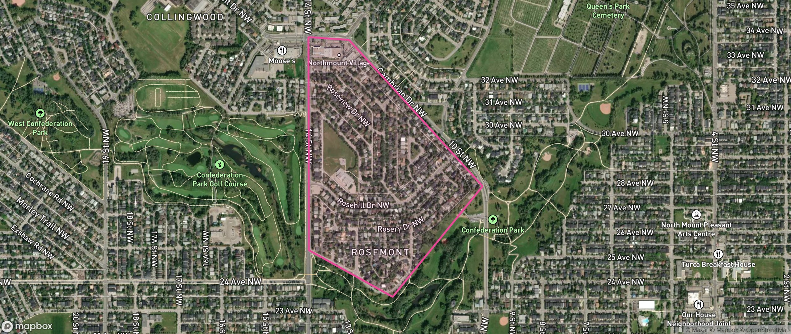 Map of Rosemont, Calgary showing the community boundary