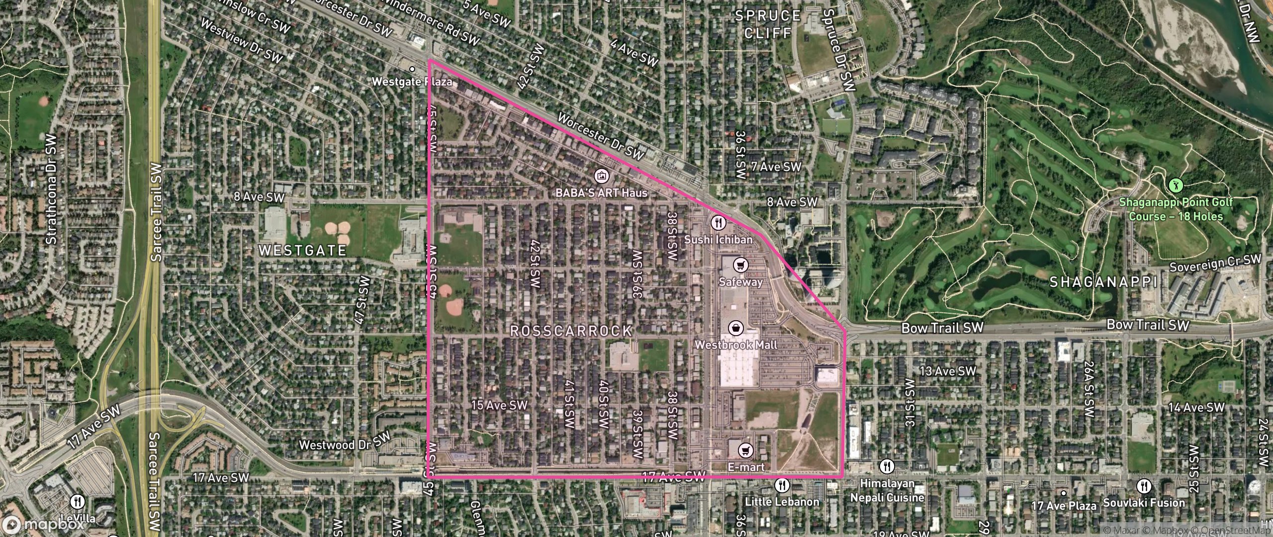 Map of Rosscarrock, Calgary showing the community boundary