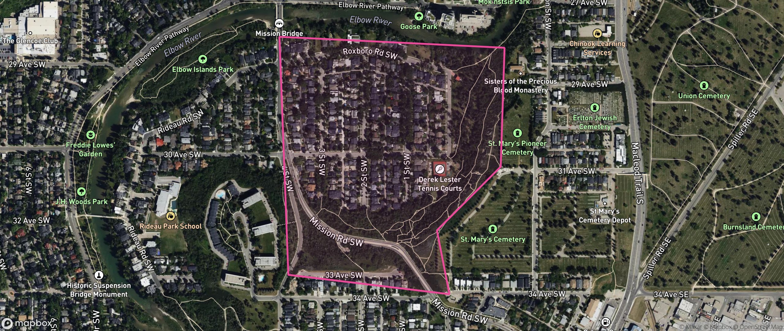 Map of Roxboro, Calgary showing the community boundary
