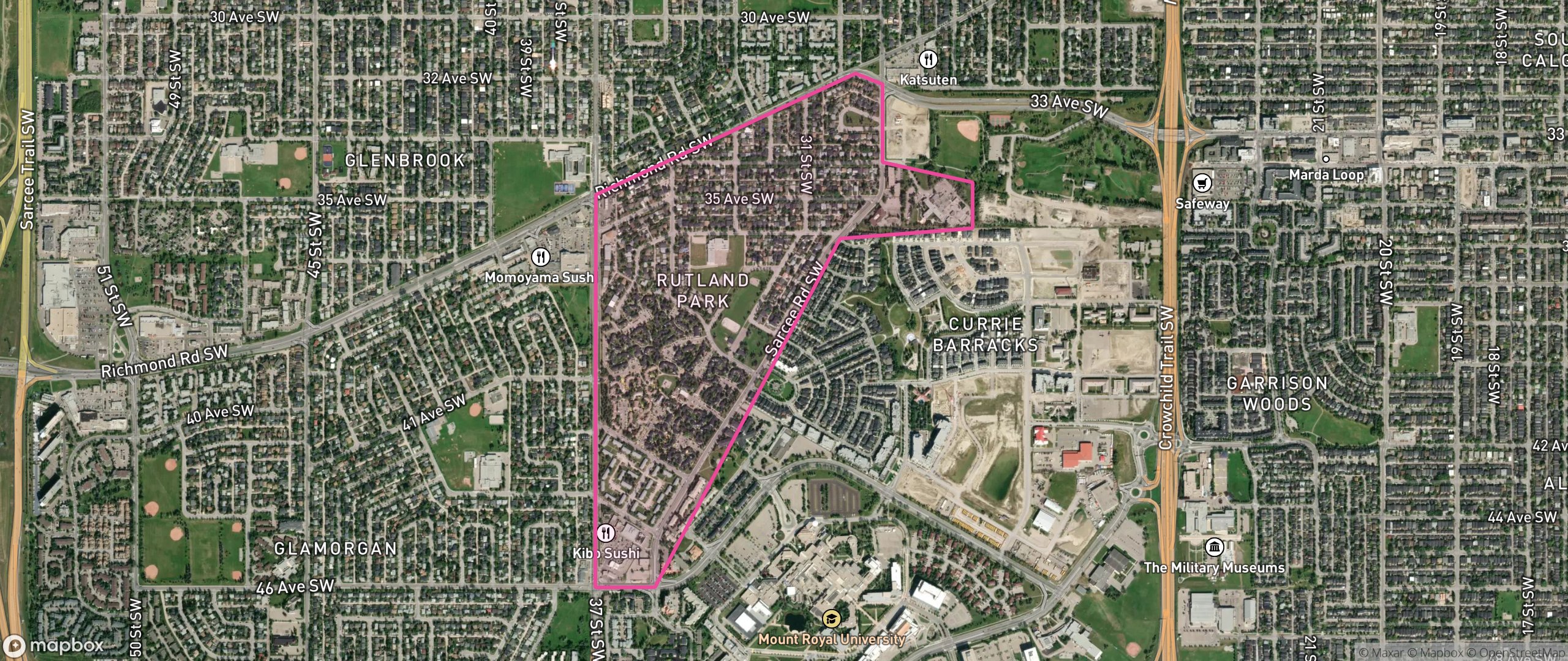 Map of Rutland Park, Calgary showing the community boundary
