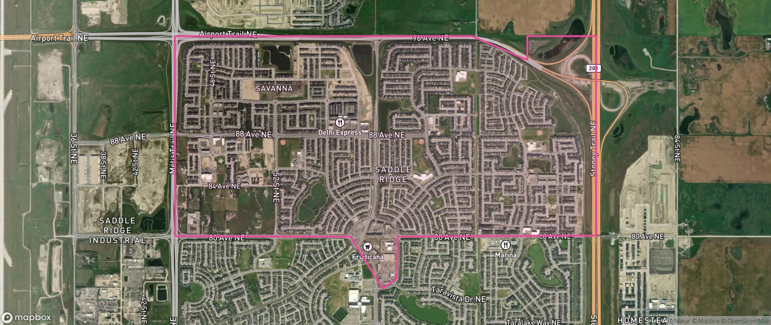 Map of Saddle Ridge, Calgary showing the community boundary