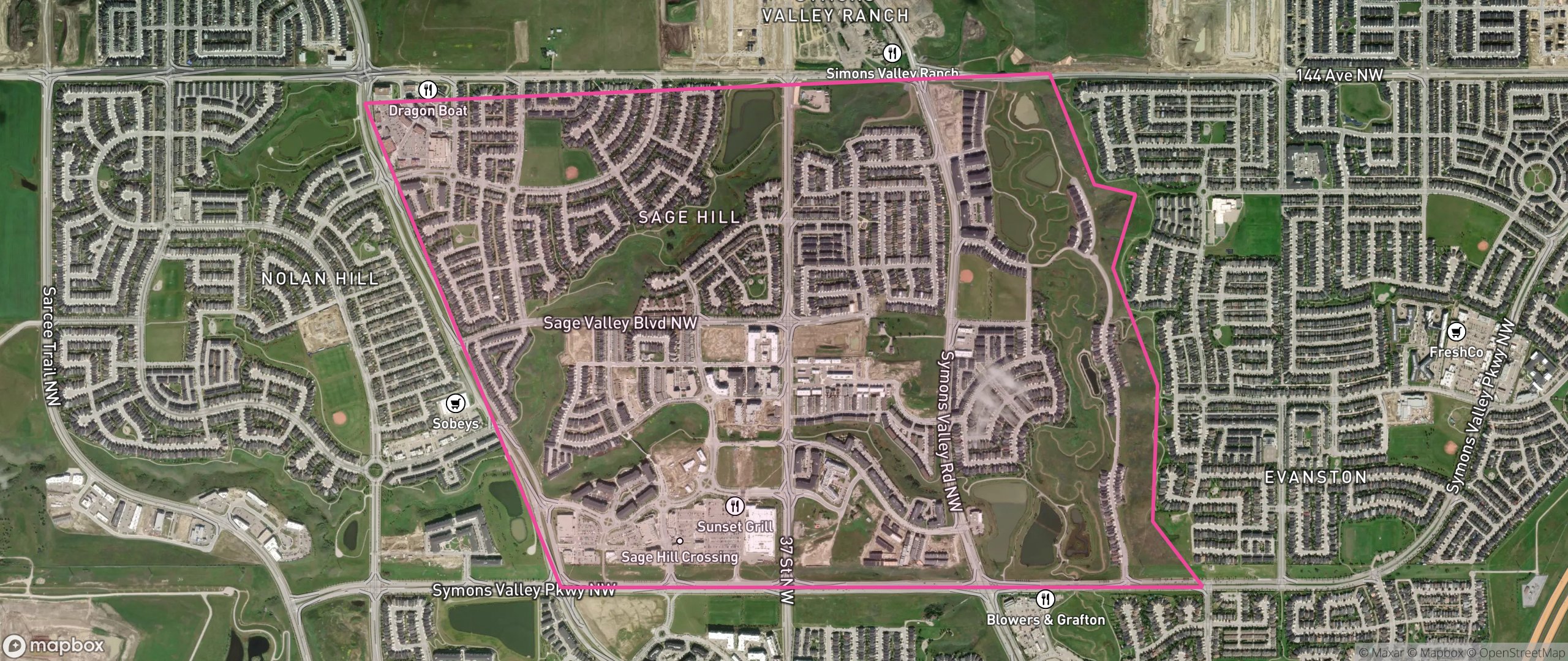 Map of Sage Hill, Calgary showing the community boundary