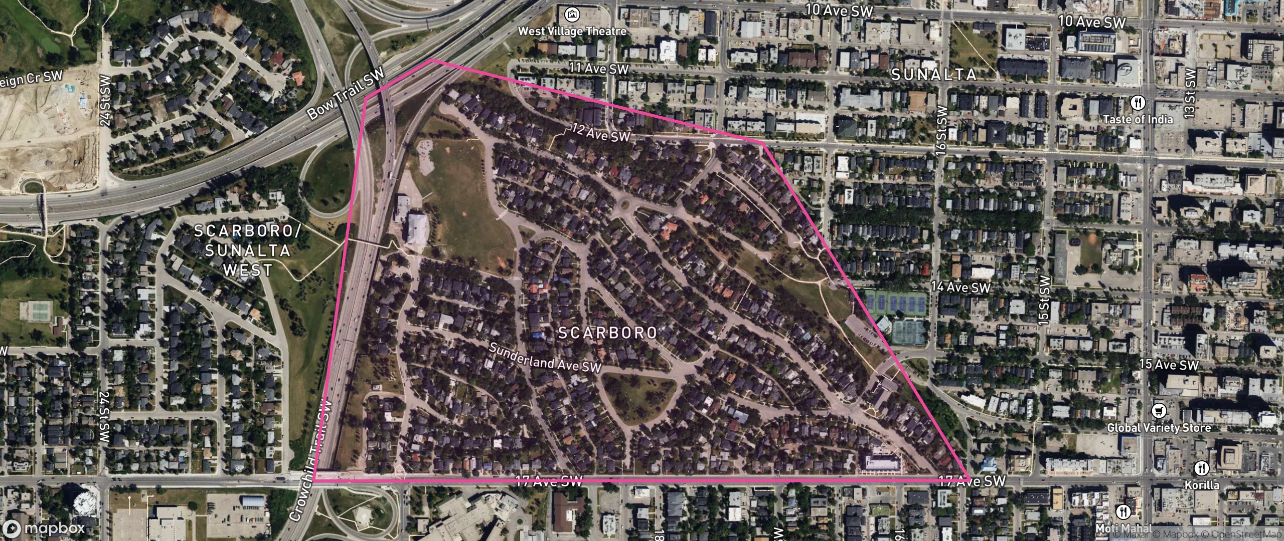 Map of Scarboro, Calgary showing the community boundary