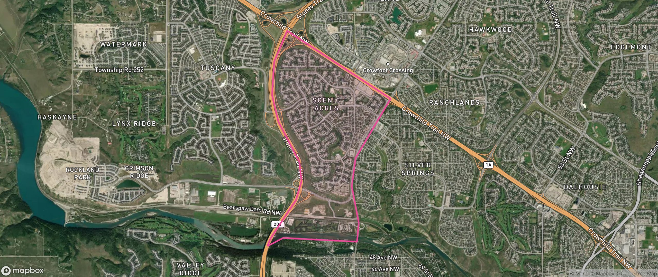 Map of Scenic Acres, Calgary showing the community boundary