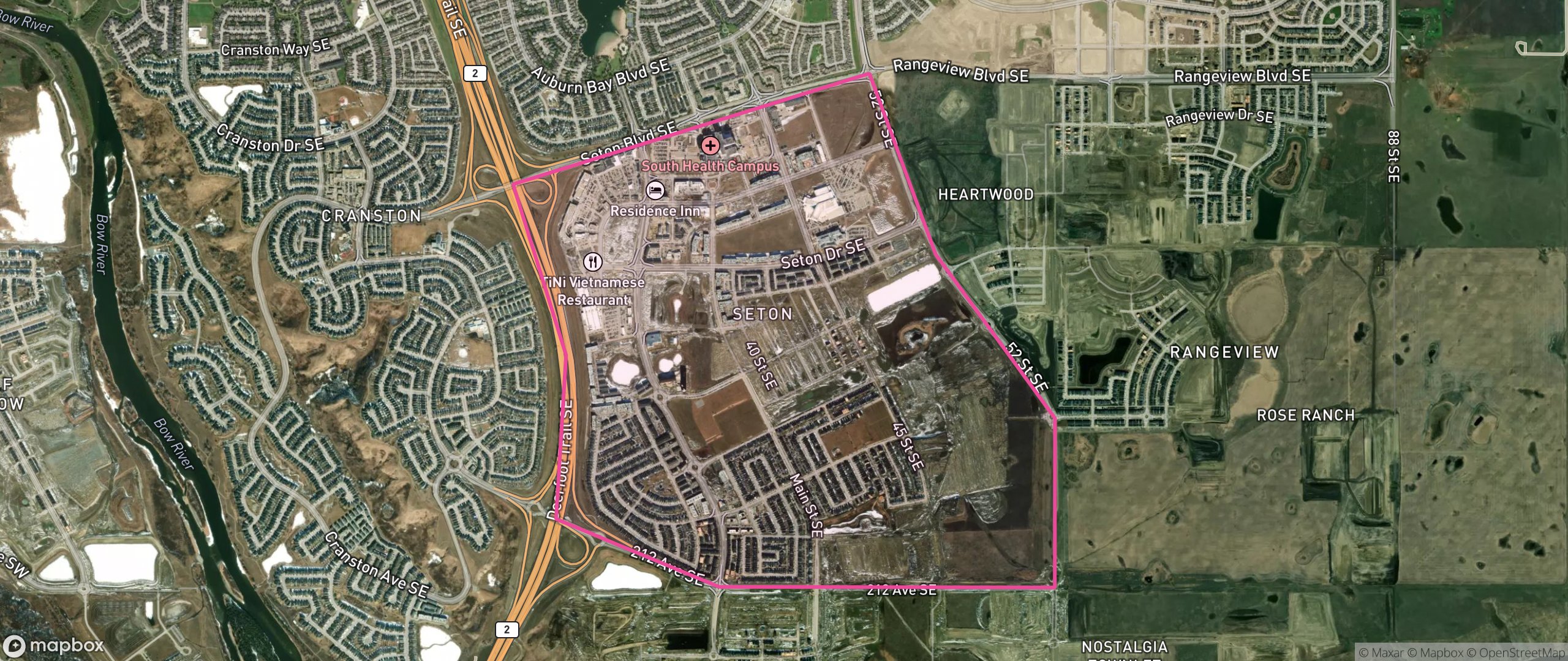Map of Seton, Calgary showing the community boundary