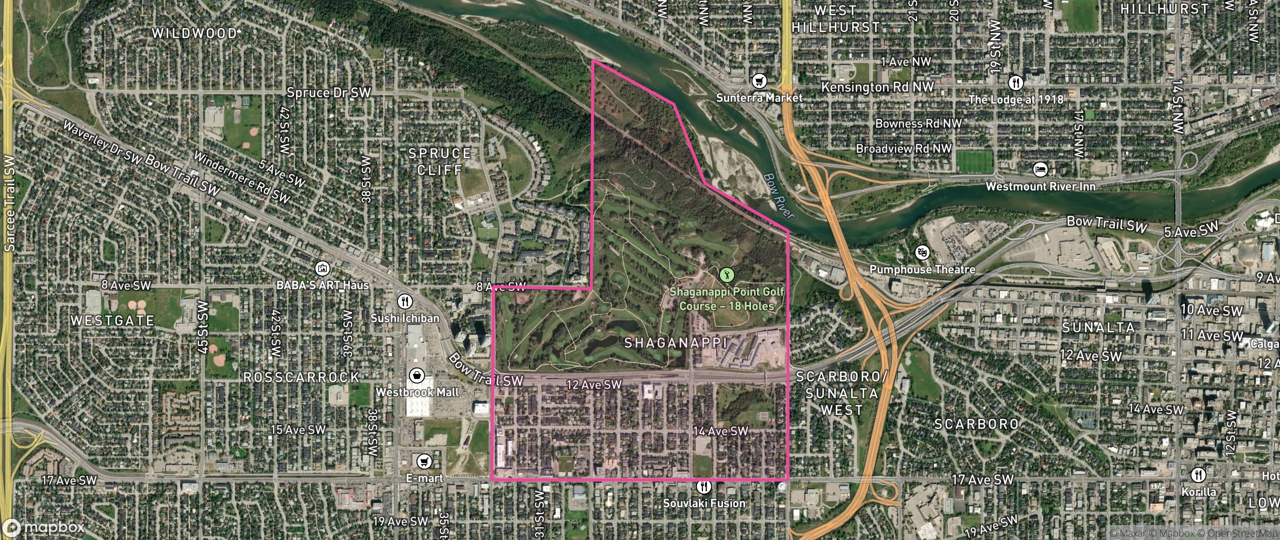 Map of Shaganappi, Calgary showing the community boundary