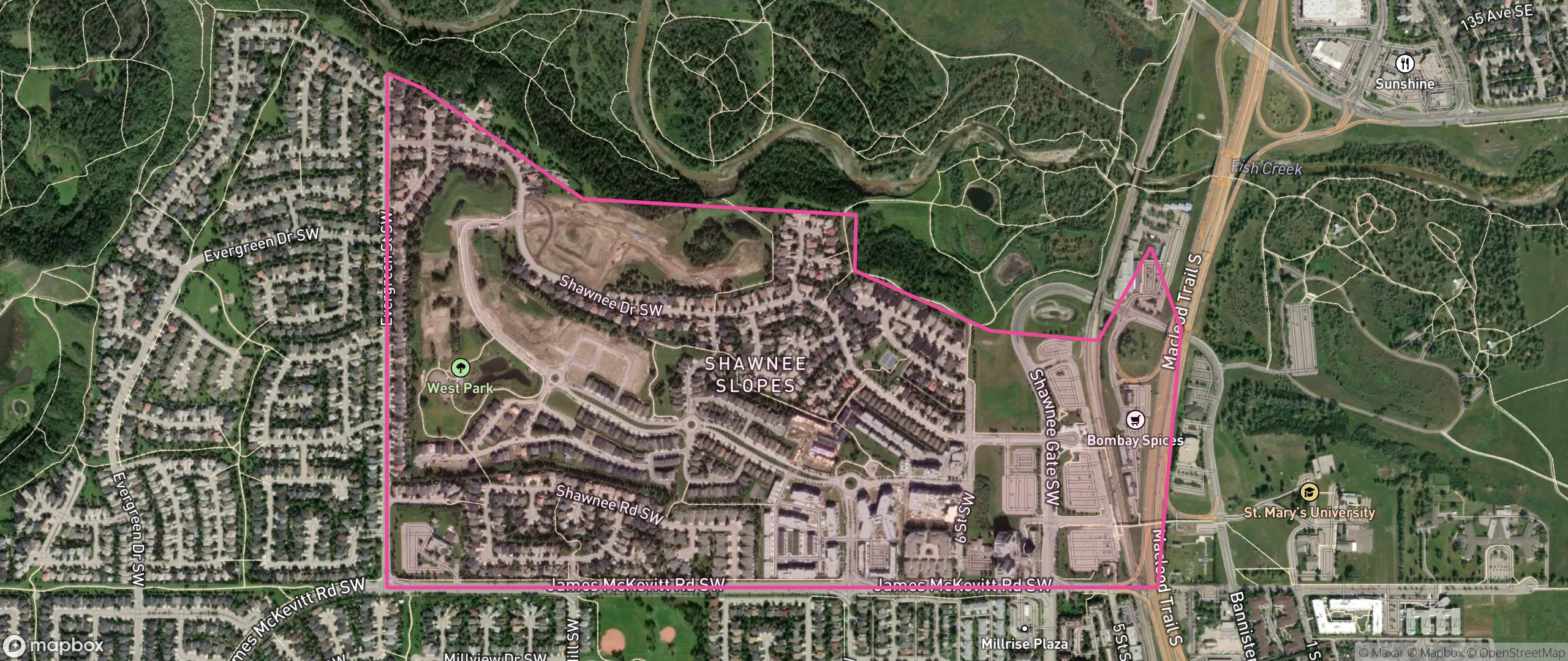 Map of Shawnee Slopes, Calgary showing the community boundary