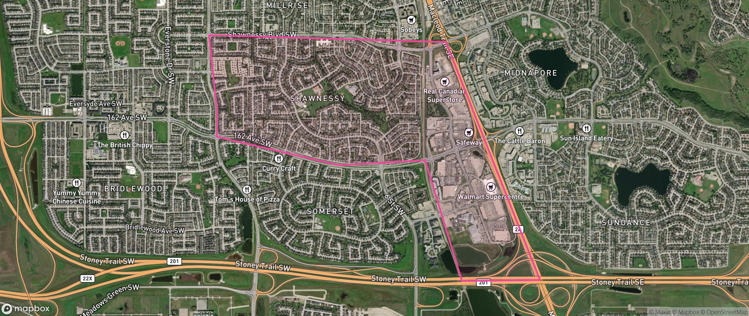 Map of Shawnessy, Calgary showing the community boundary