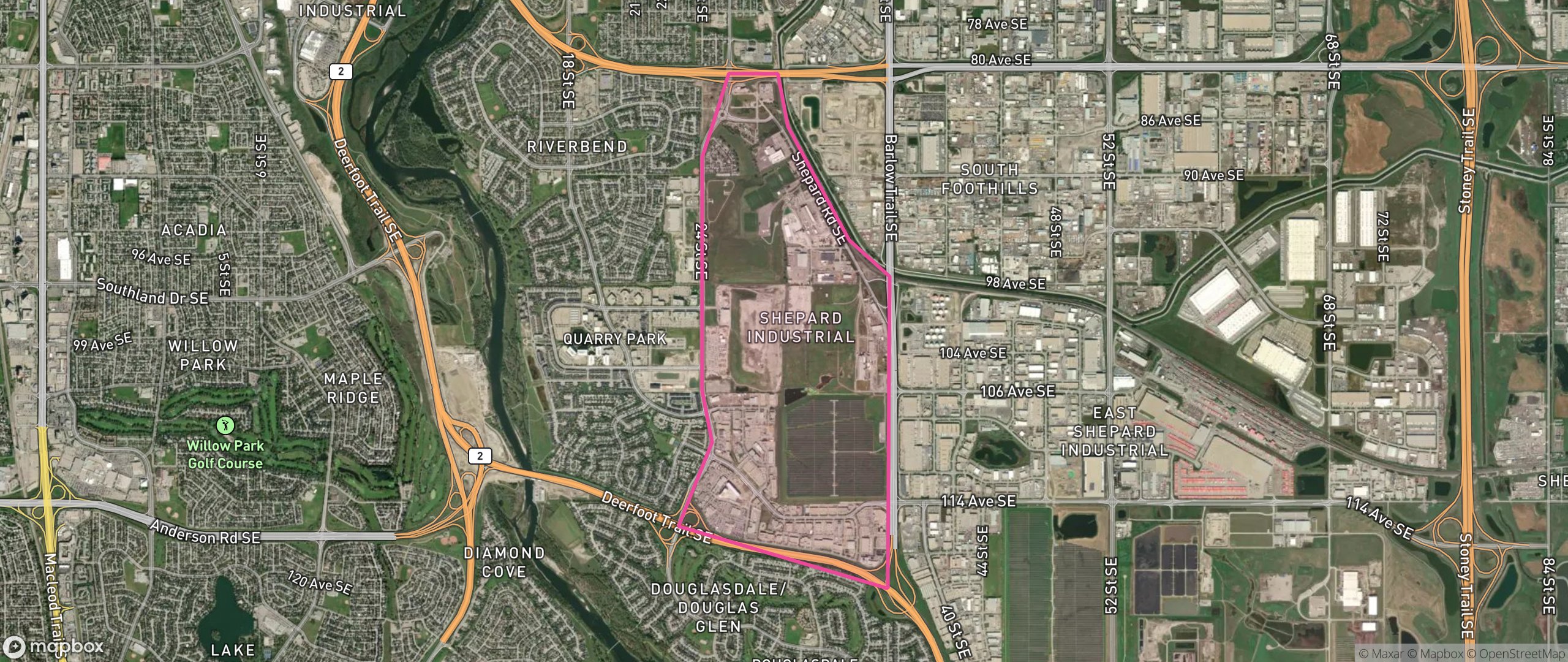 Map of Shepard Industrial, Calgary showing the community boundary