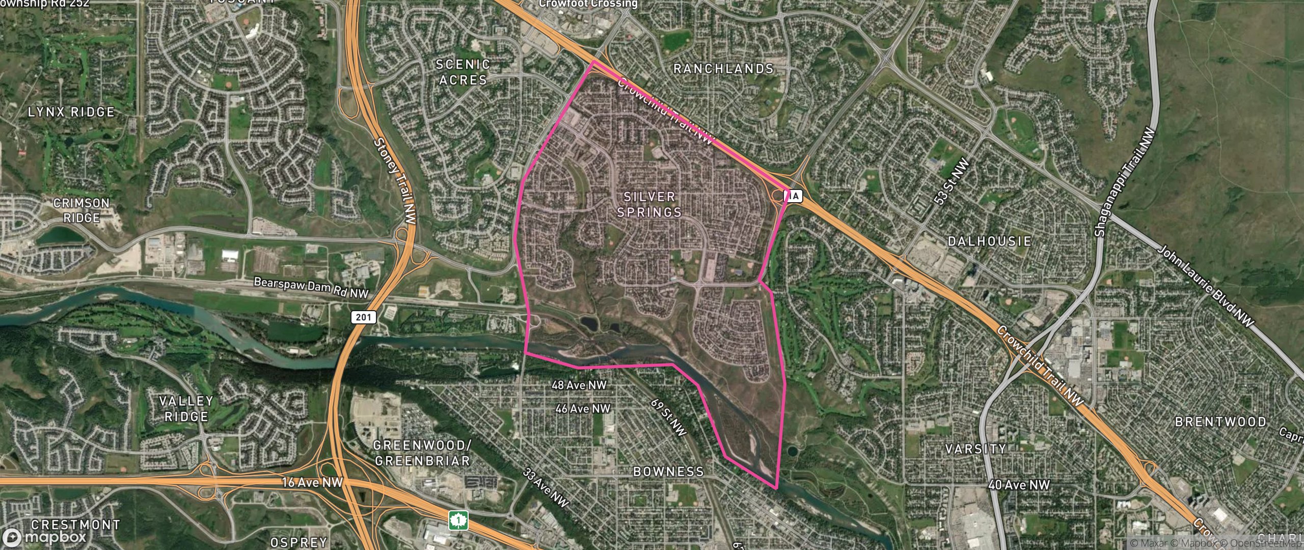 Map of Silver Springs, Calgary showing the community boundary