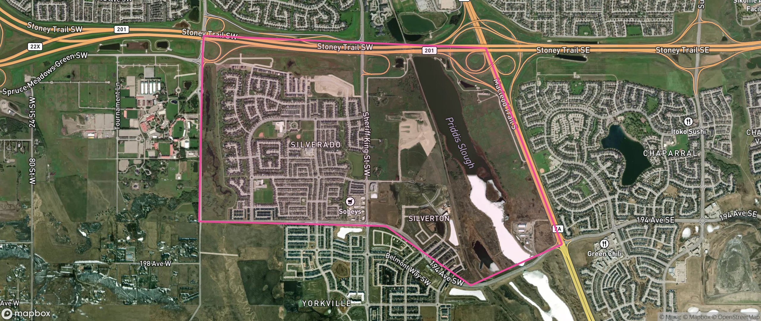 Map of Silverado, Calgary showing the community boundary