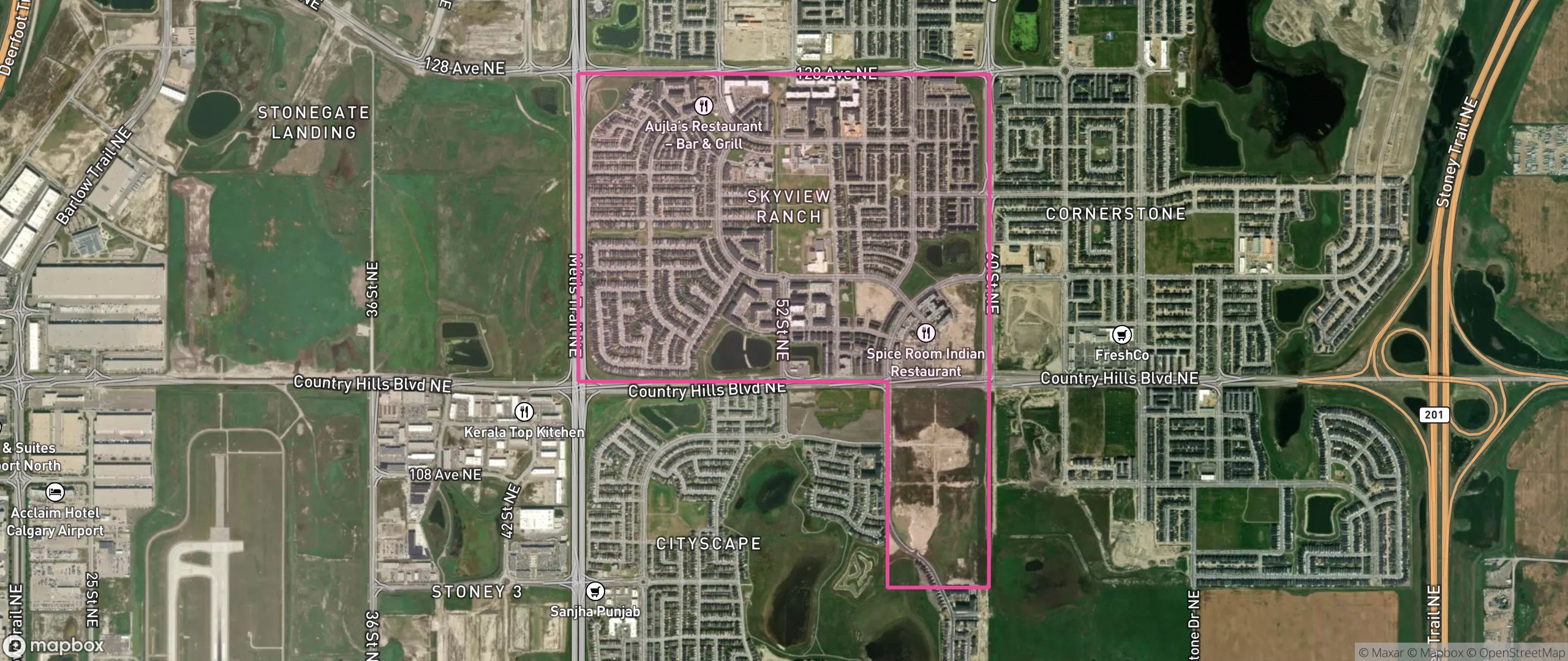 Map of Skyview Ranch, Calgary showing the community boundary