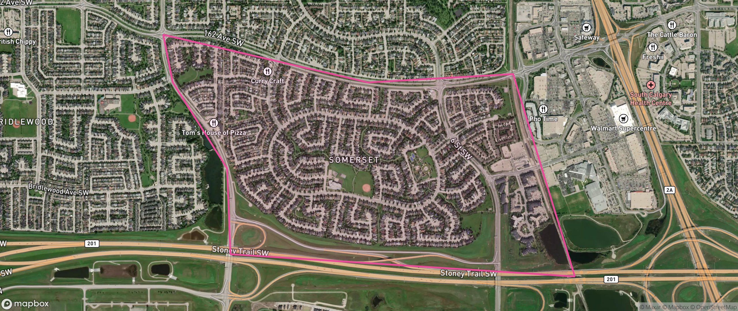 Map of Somerset, Calgary showing the community boundary