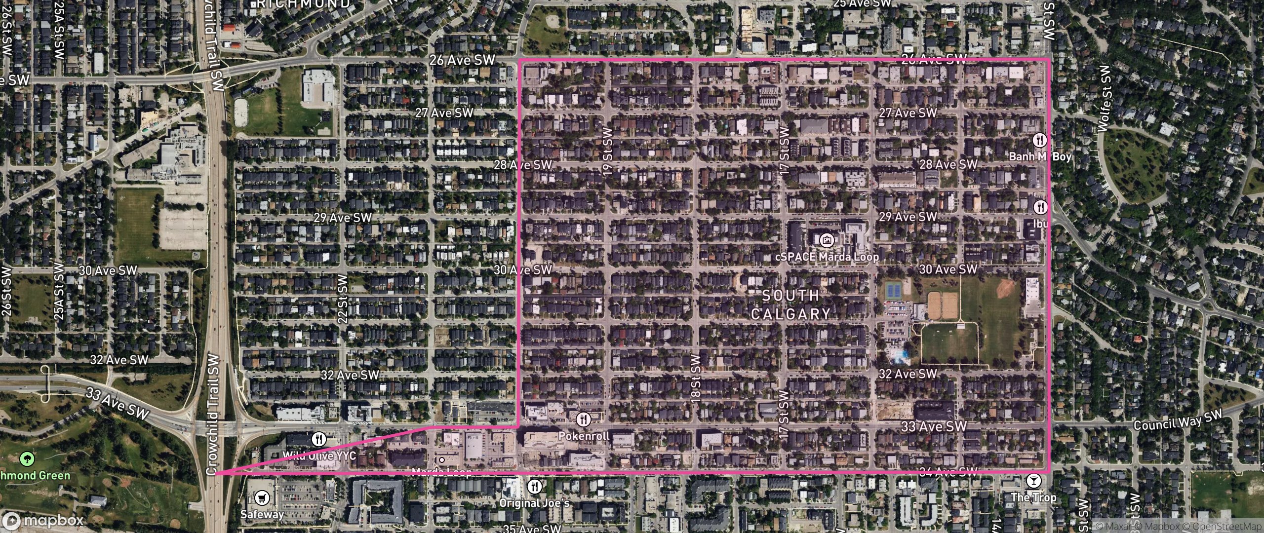 Map of South Calgary, Calgary showing the community boundary