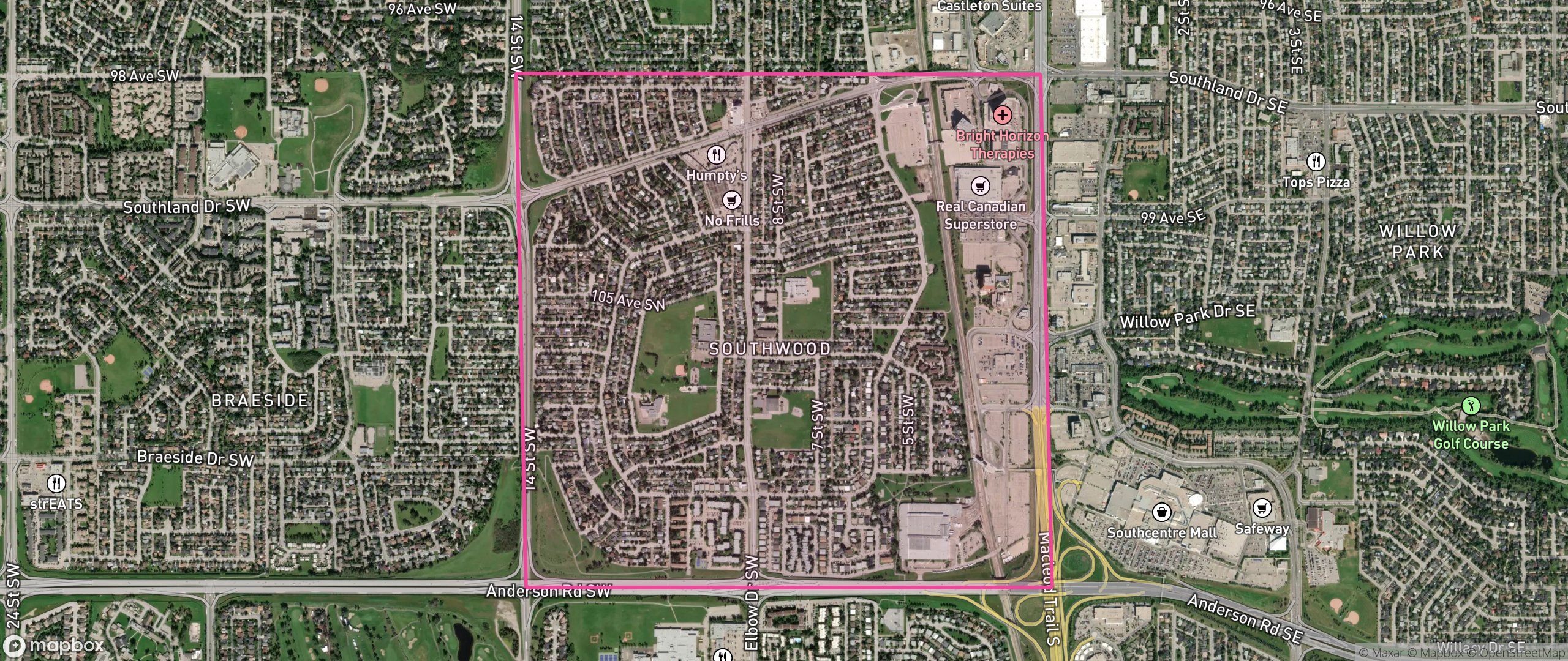 Map of Southwood, Calgary showing the community boundary
