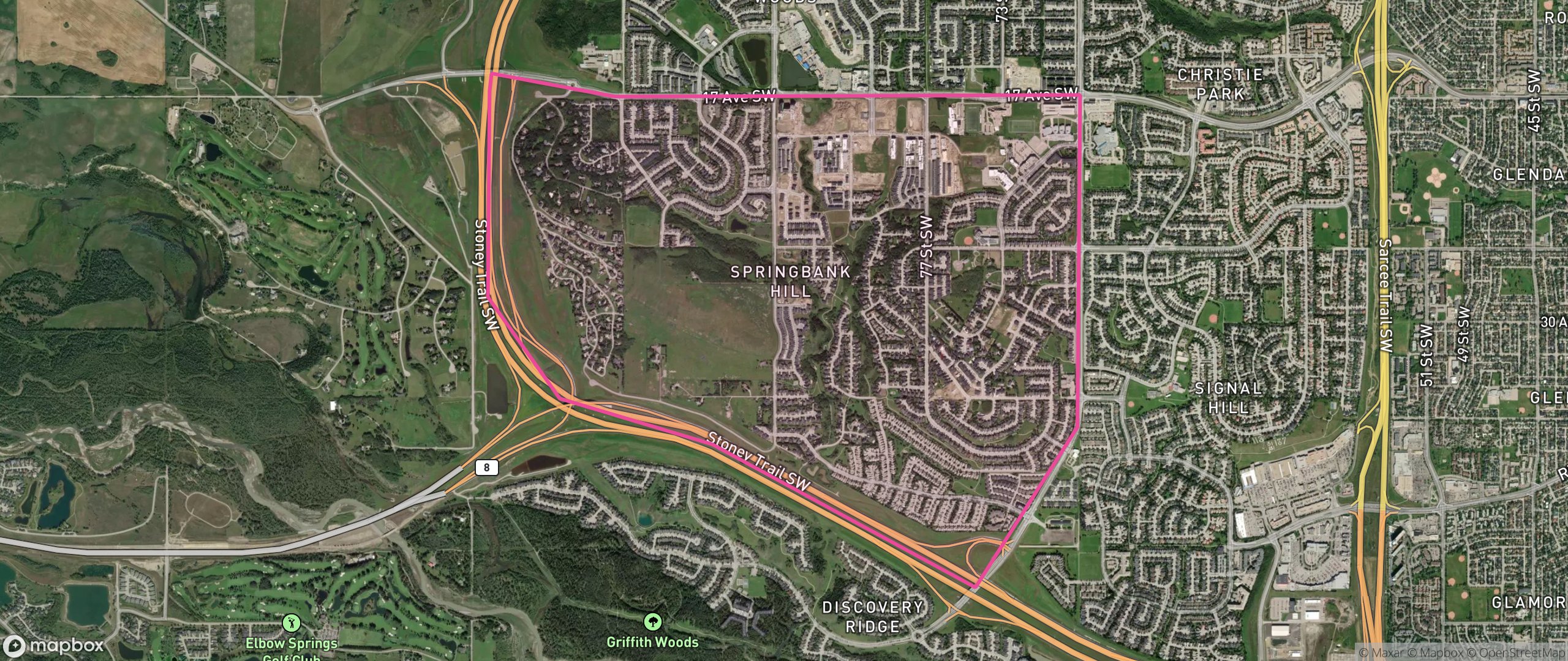 Map of Springbank Hill, Calgary showing the community boundary
