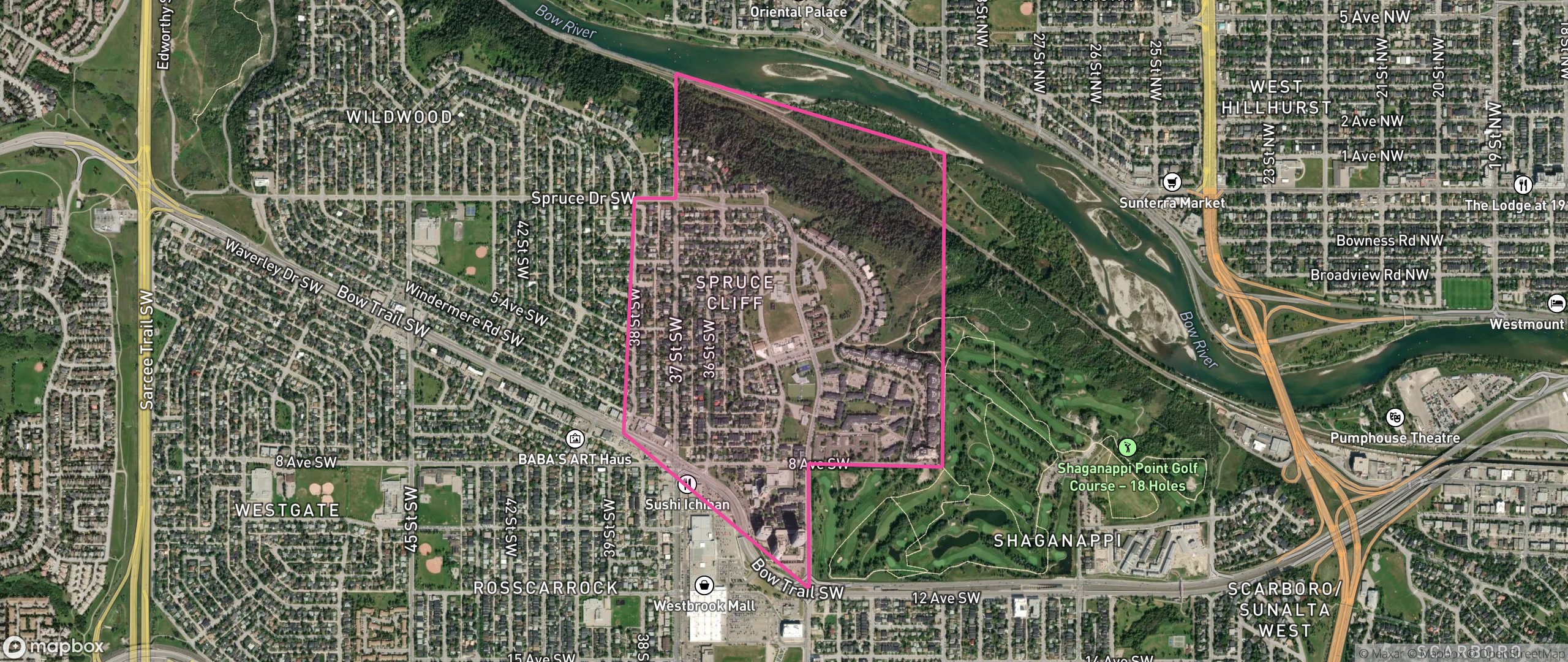 Map of Spruce Cliff, Calgary showing the community boundary