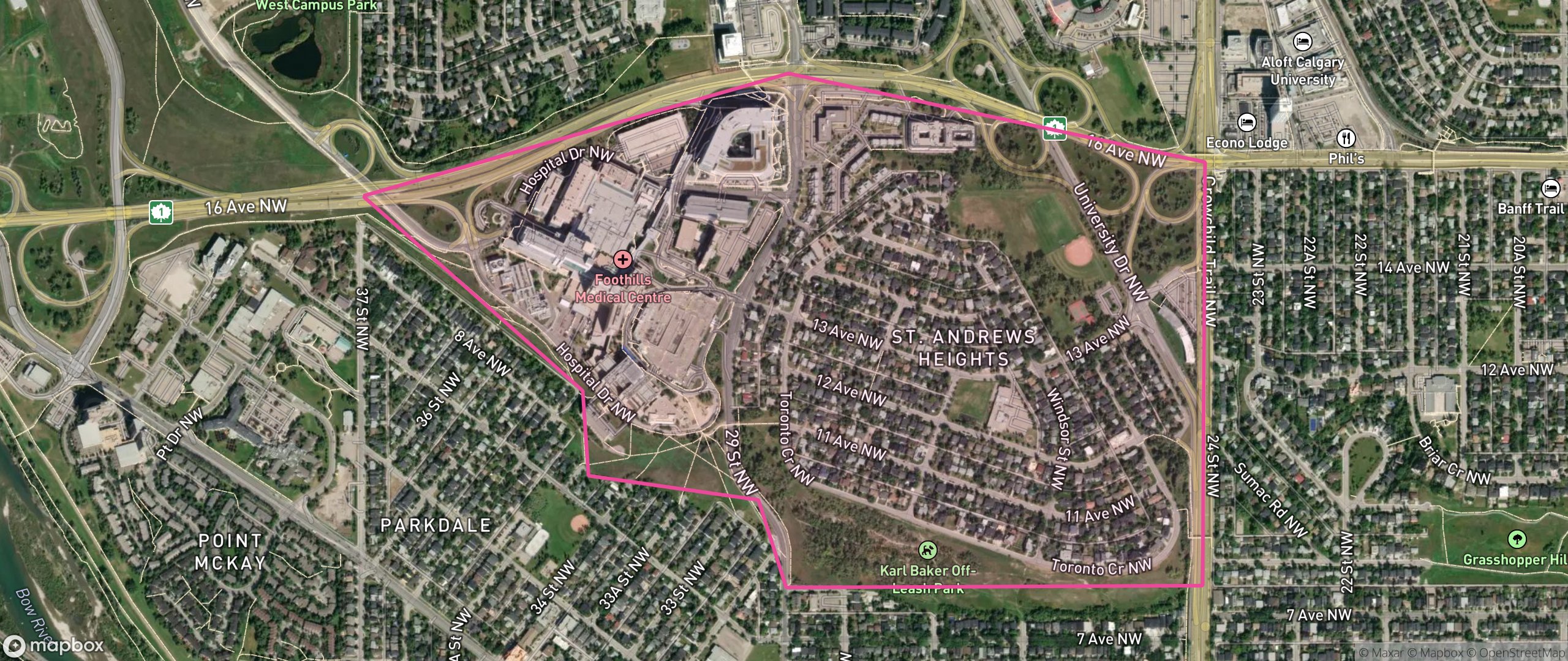 Map of St. Andrews Heights, Calgary showing the community boundary