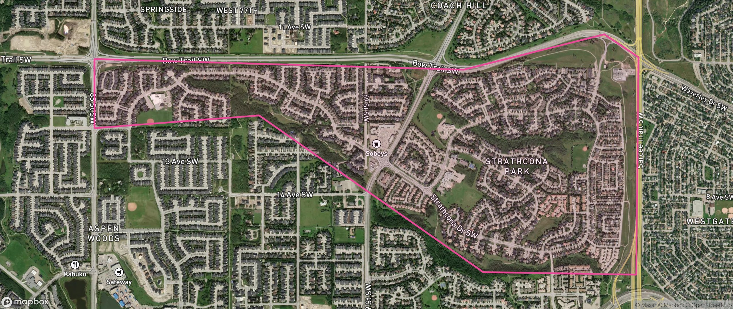 Map of Strathcona Park, Calgary showing the community boundary