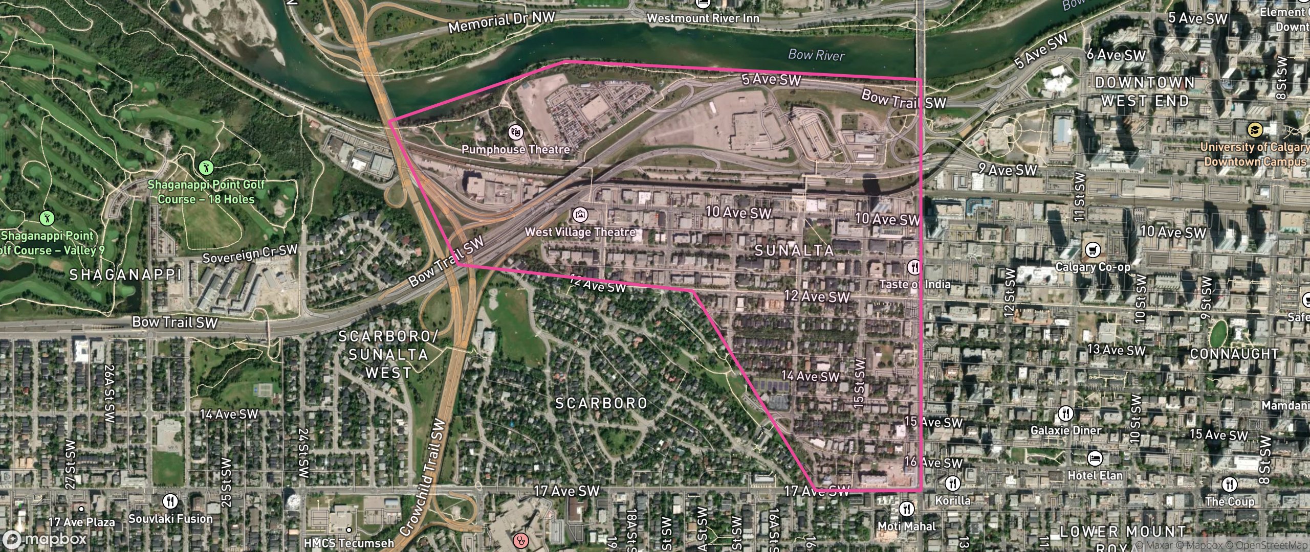 Map of Sunalta, Calgary showing the community boundary