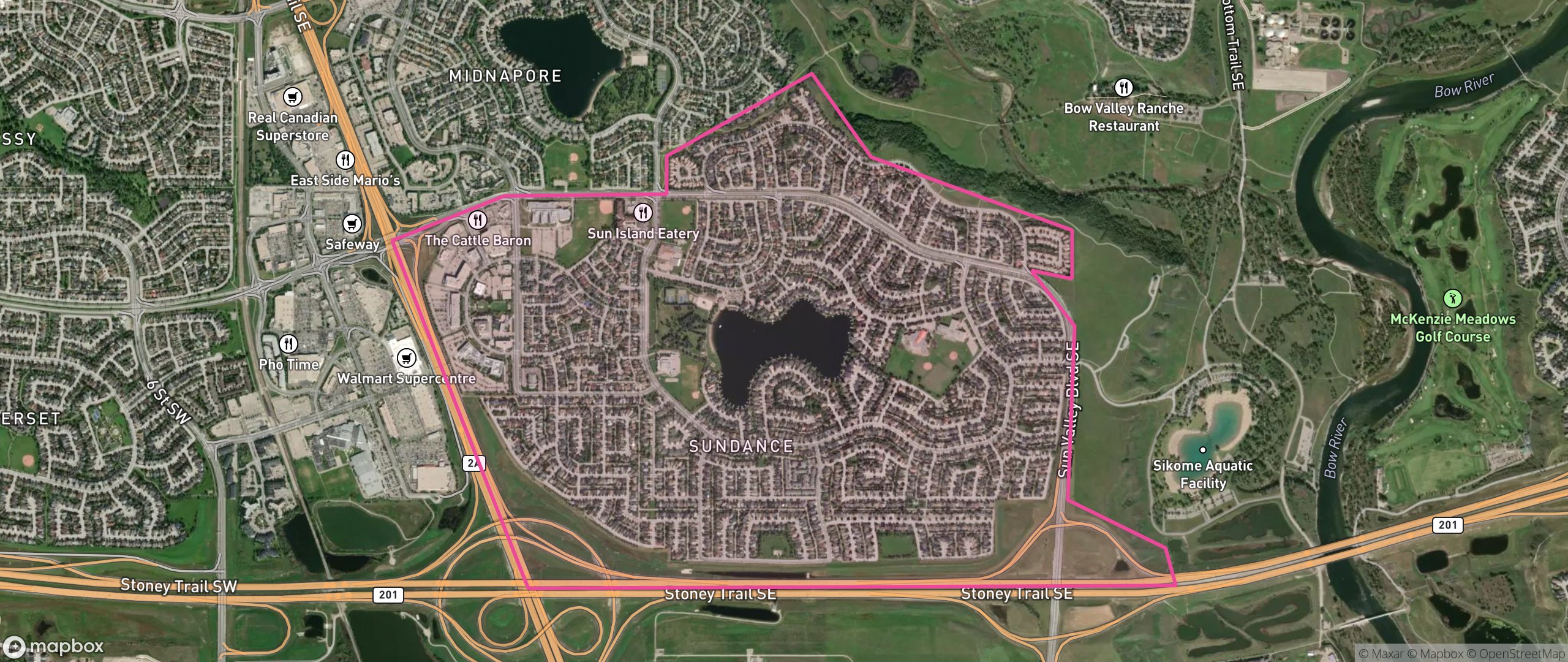 Map of Sundance, Calgary showing the community boundary