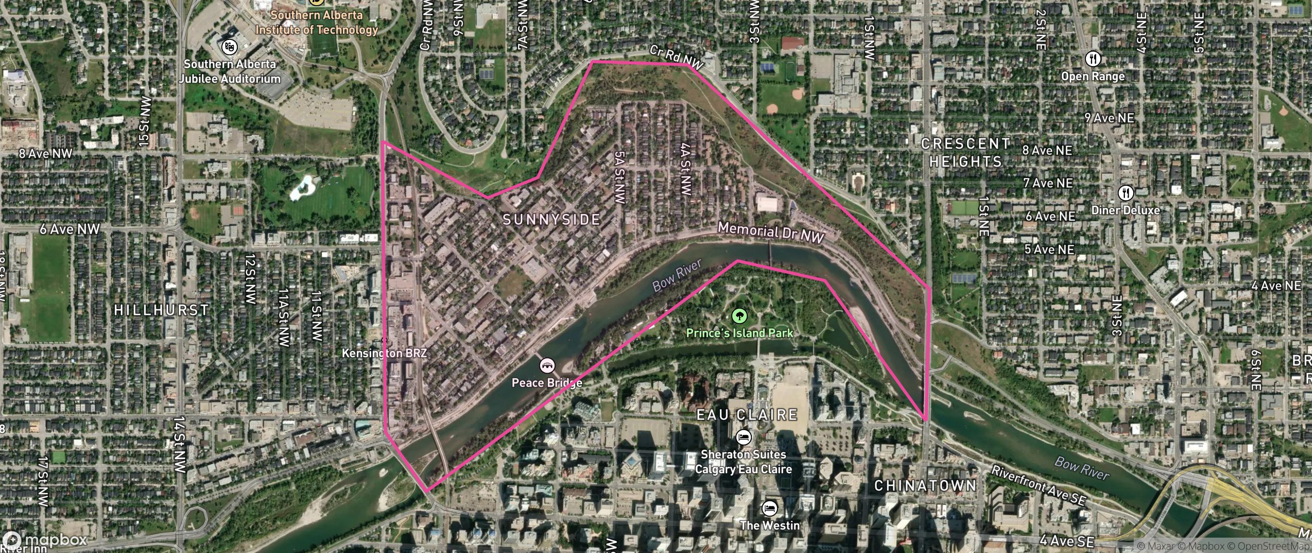 Map of Sunnyside, Calgary showing the community boundary
