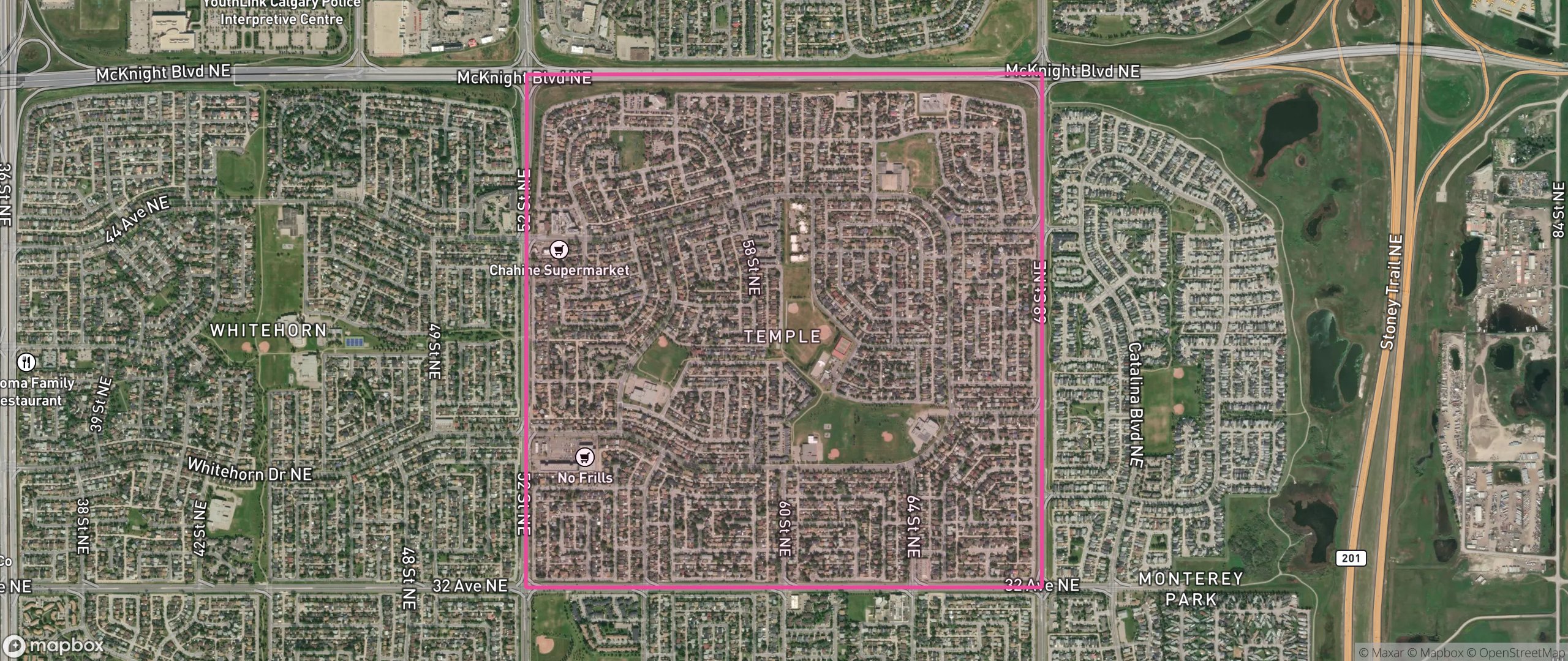 Map of Temple, Calgary showing the community boundary