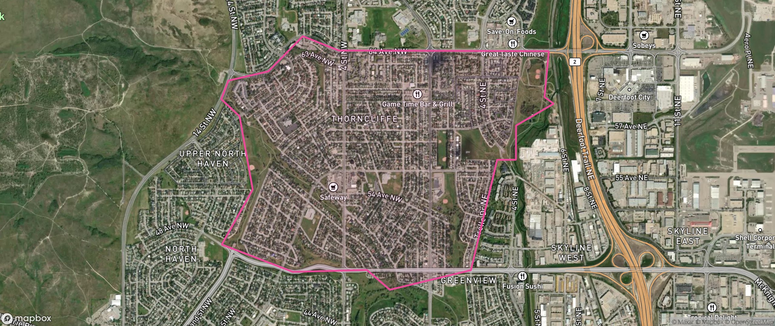 Map of Thorncliffe, Calgary showing the community boundary